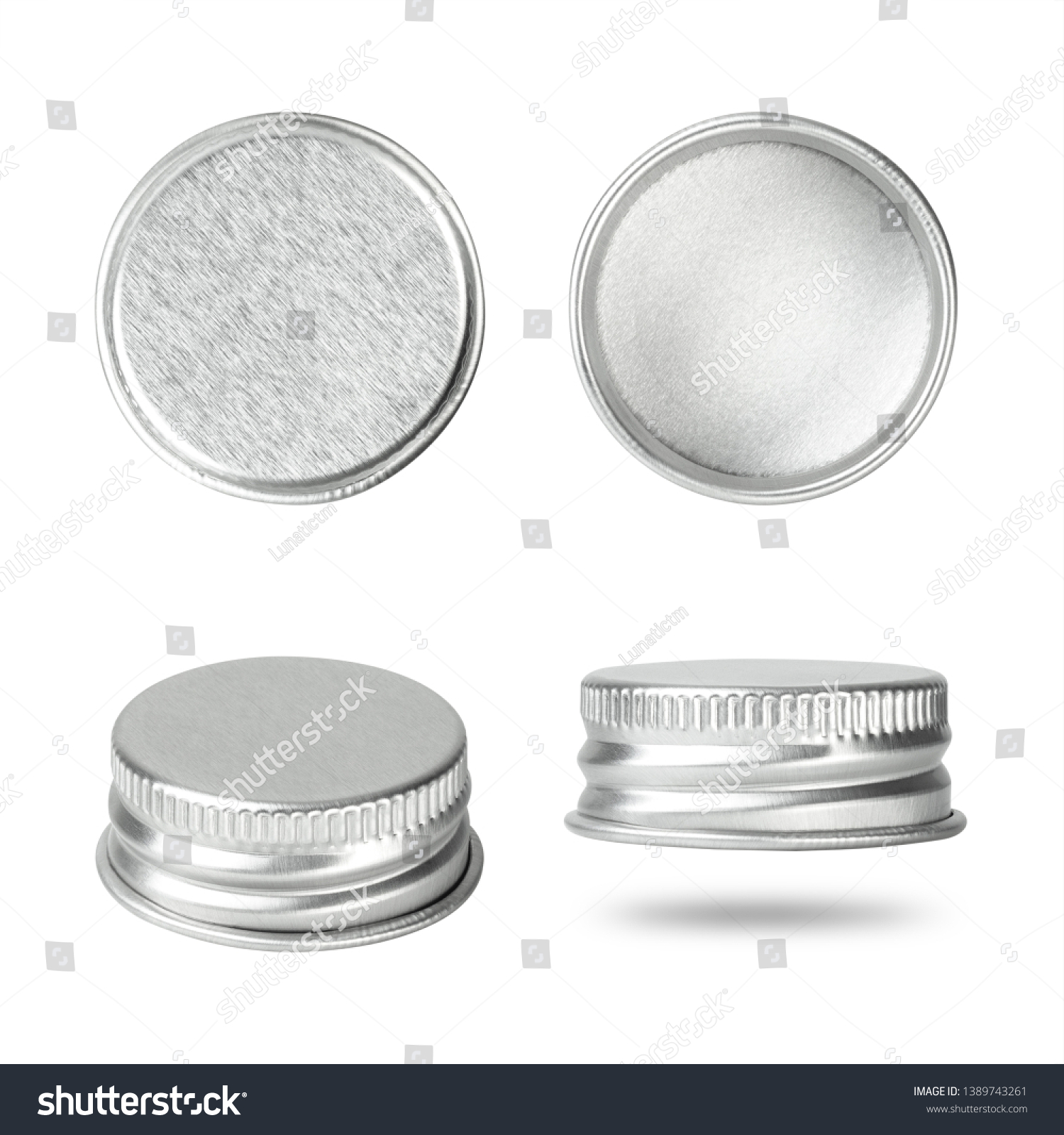 Silver bottle cap isolated on white background. Group of beverage lid for your design. ( Clipping paths ) #1389743261