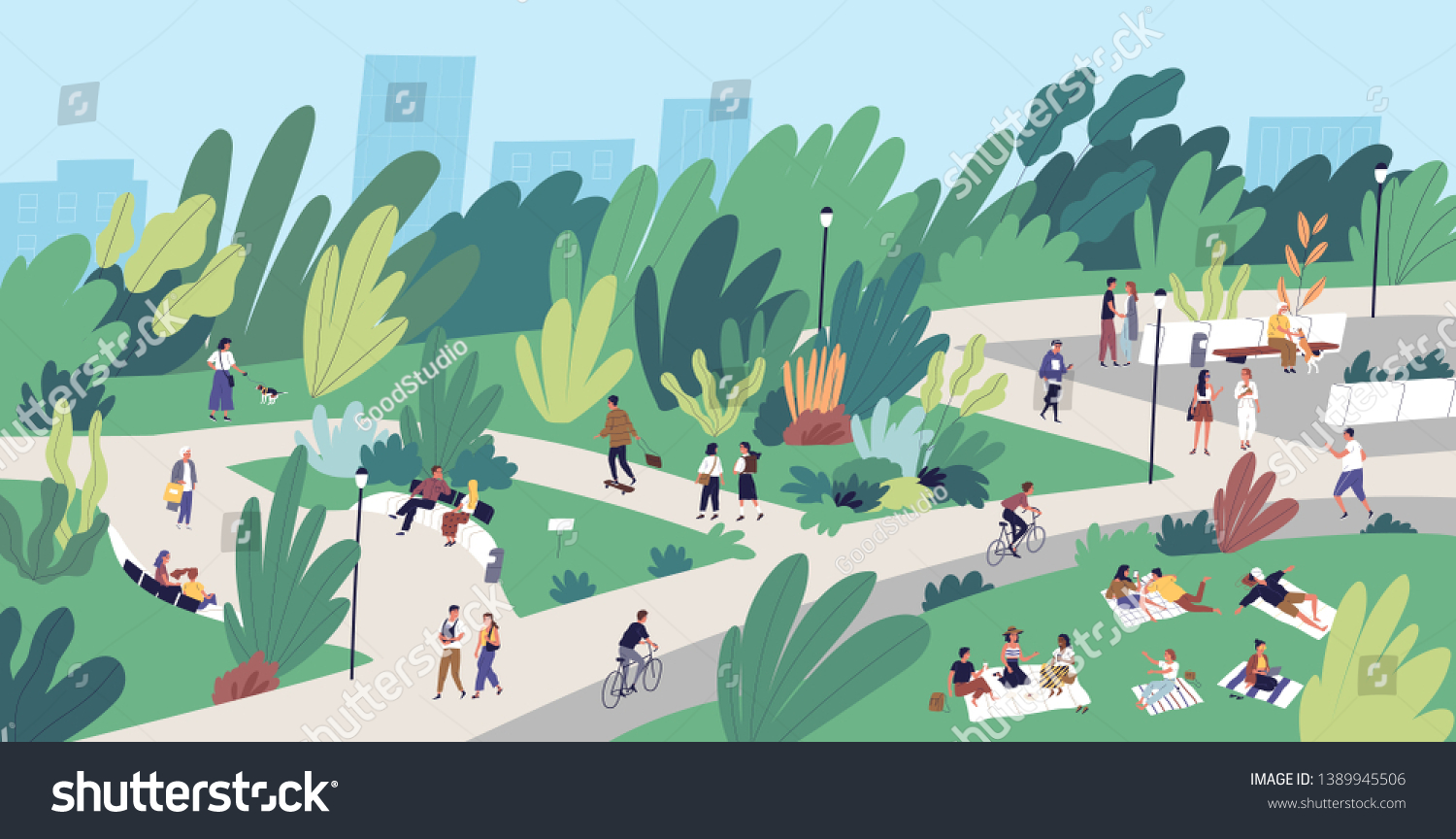 Landscape with people walking, playing, riding bicycle at city park. Urban recreation area with men and women performing leisure activities outdoors. Flat cartoon colorful vector illustration. #1389945506