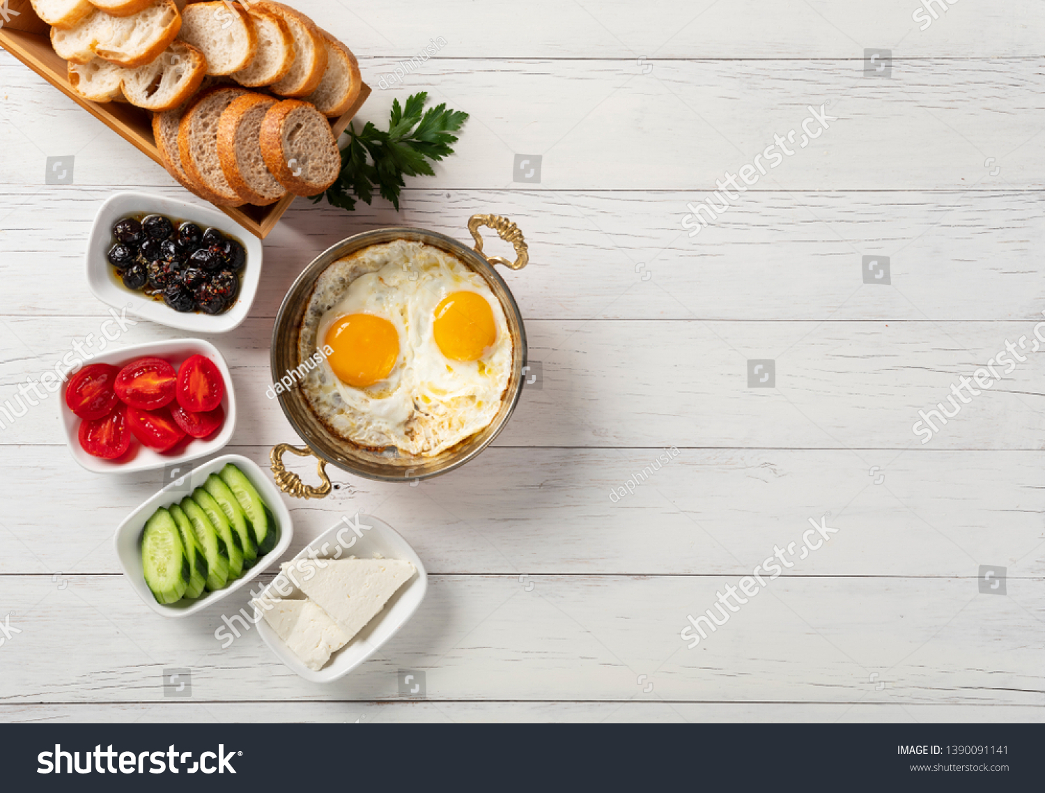 Turkish breakfast, Turkish style eye egg on copper field #1390091141