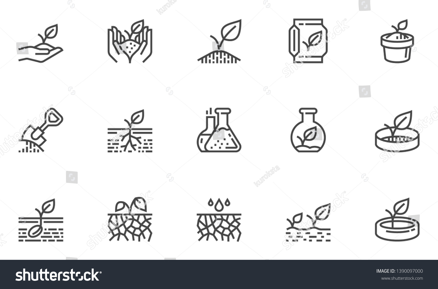 Soil Vector Line Icons Set. Growing Sprouts, Agronomy, Sprout nutrition, Growing Conditions. Editable Stroke. 48x48 Pixel Perfect. #1390097000