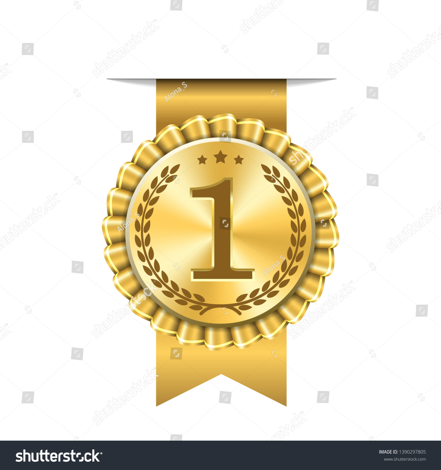 Award ribbon gold icon number first. Design winner golden medal 1 prize. Symbol best trophy, 1st success champion, one sport competition honor, achievement leadership, victory Vector illustration #1390297805
