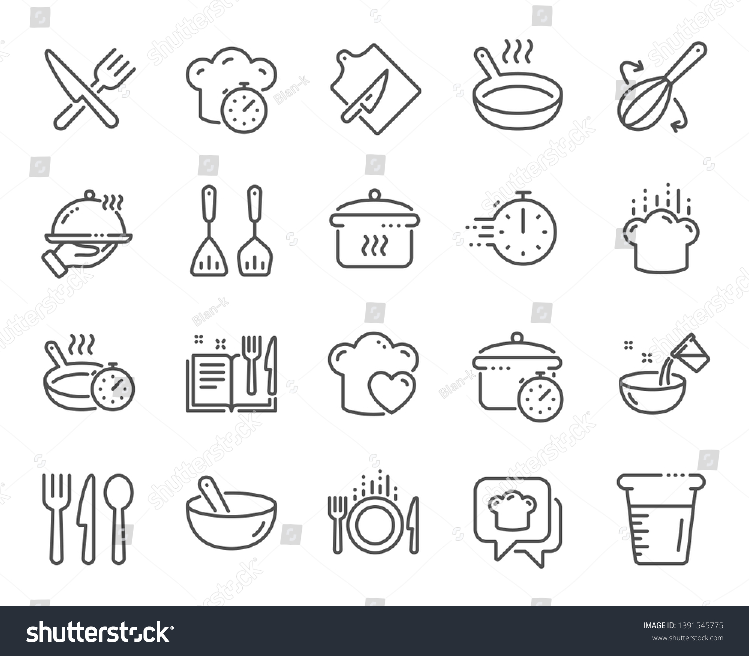 Cooking line icons. Boiling time, Frying pan and Kitchen utensils. Fork, spoon and knife line icons. Recipe book, chef hat and cutting board. Cooking book, frying time, hot pan. Vector #1391545775