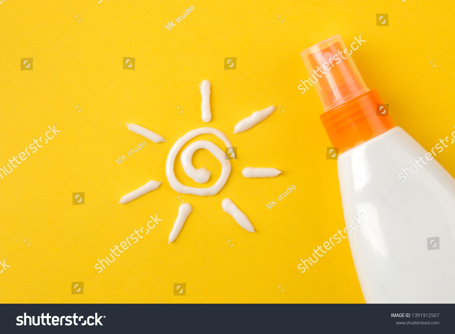 sunscreen remedy. various sunscreens and sun cream on a bright yellow background. Sun protection. Ultraviolet protection. Summer. top view. #1391912567