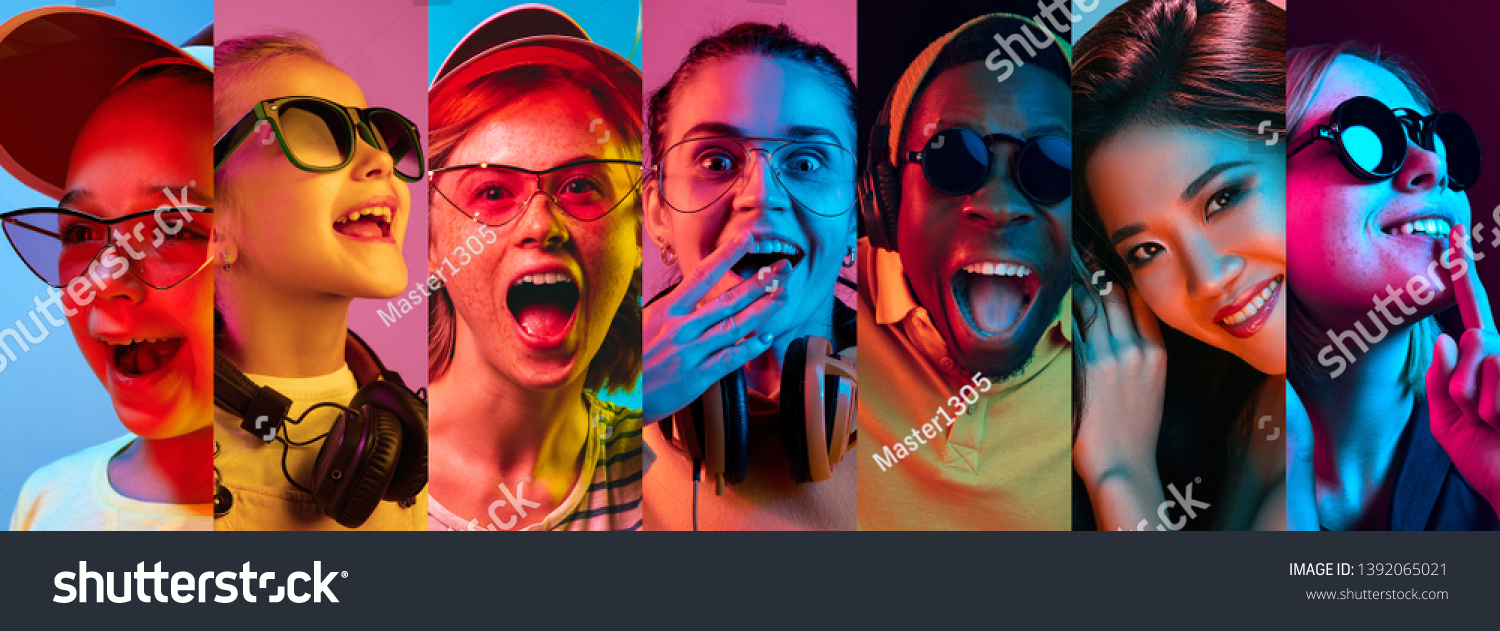 Beautiful male and female front portrait isolated on multicolored neon light backgroud. Young, smiling, surprised, screaming. Human emotions, facial expression concept. Trendy colors. Creative collage #1392065021