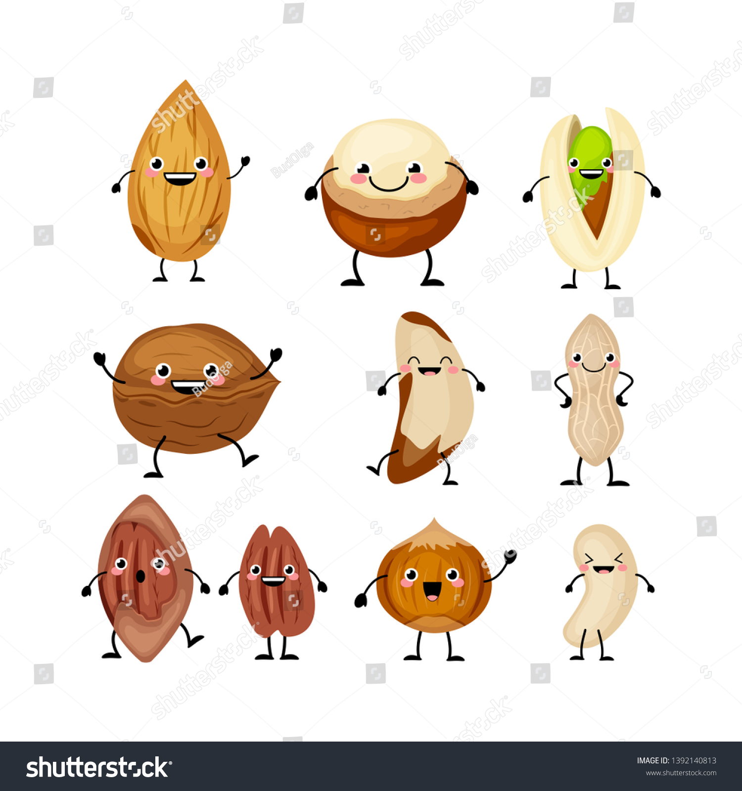 Set of different cartoon nuts vector illustration isolated on white background. Kawaii peanut, hazelnut, walnut, Brazil nut, pistachio, cashew, pecan, almond, macadamia. #1392140813
