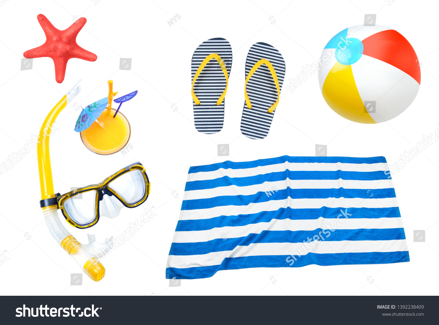 Summer objects collage,beach items set isolated. Holiday vocation symbol.
