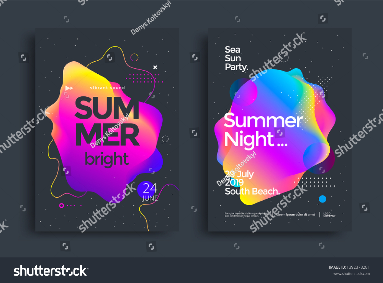 Summer bright party poster wiht colorful liquid form. Club night flyer. Abstract gradients fluid shapes backgrounds for cover, brochure.