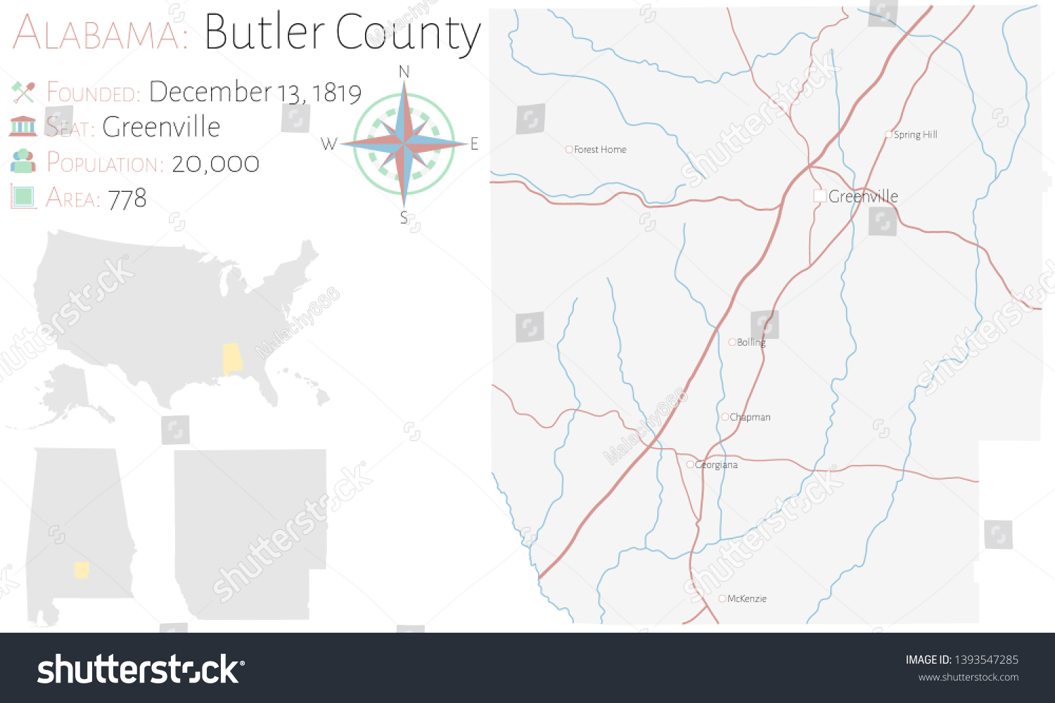 Large And Detailed Map Of Butler County In Royalty Free Stock Vector 1393547285 0358