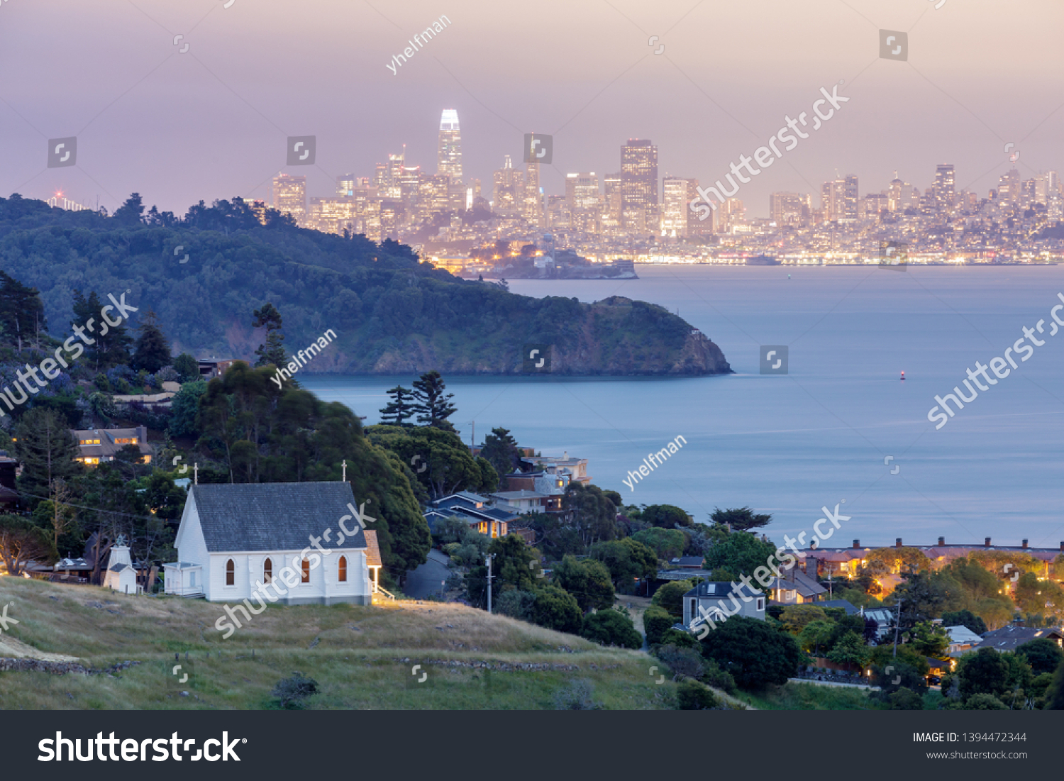 Dusk over St Hillary's Church, Angle Island, Alcatraz Prison, San Francisco Bay and San Francisco Skyline. Tiburon, Marin County, California, USA. #1394472344