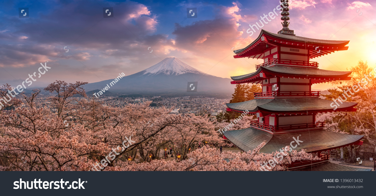 Fujiyoshida, Japan Beautiful view of mountain Fuji and Chureito pagoda at sunset, japan in the spring with cherry blossoms #1396013432
