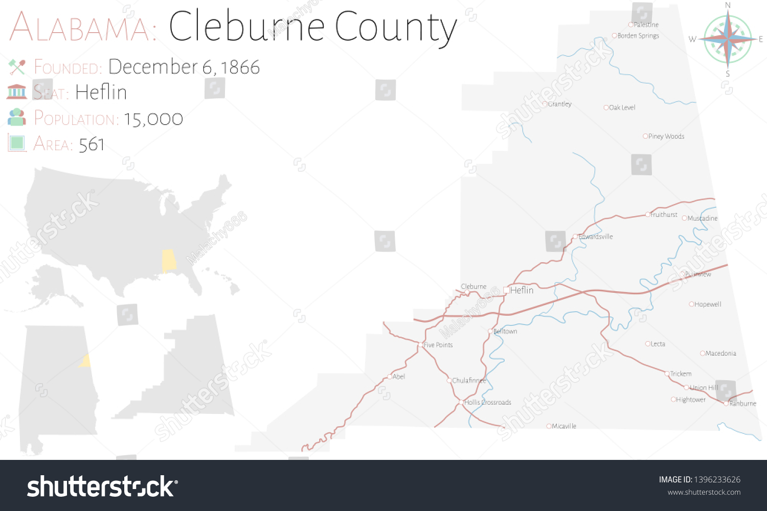 Large and detailed map of Cleburne county in - Royalty Free Stock ...