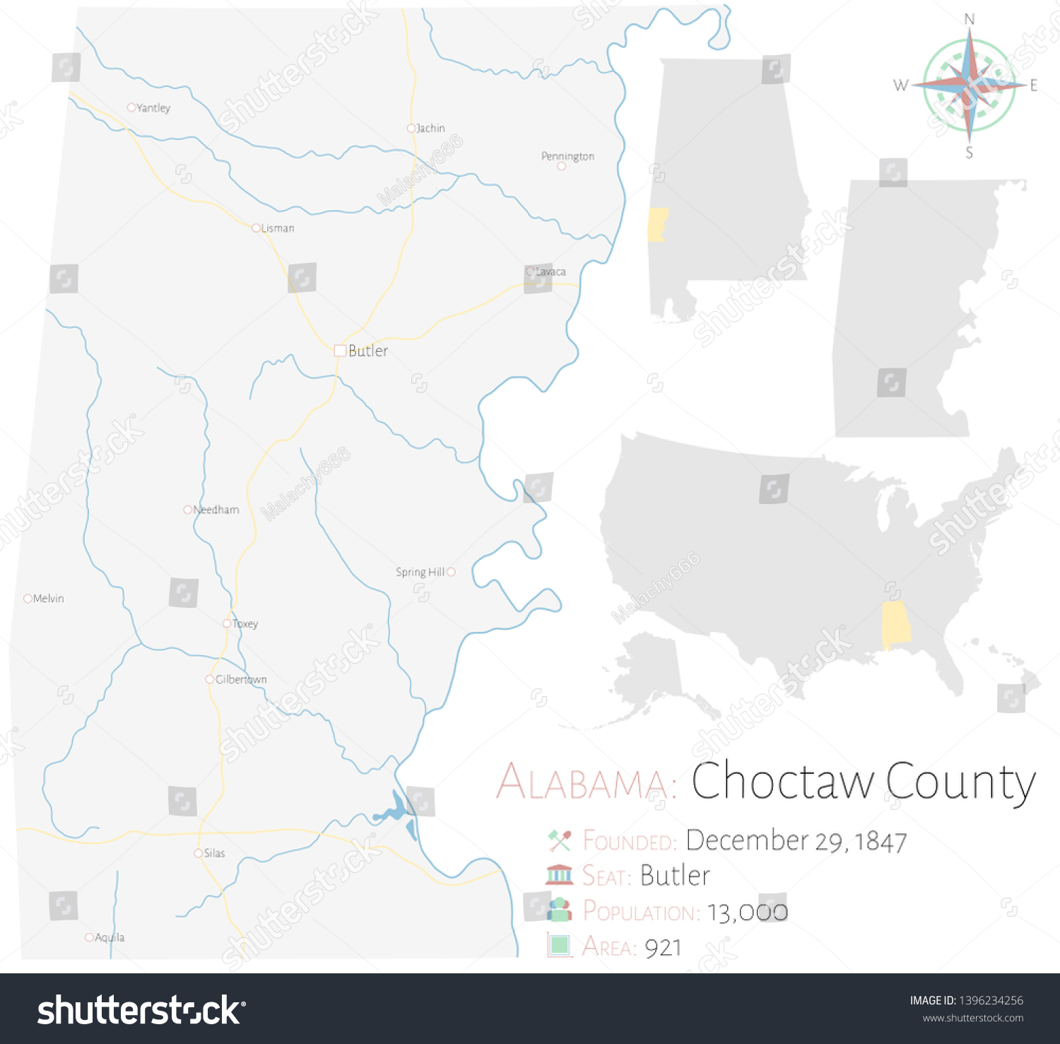 Large And Detailed Map Of Choctaw County In Royalty Free Stock Vector 1396234256 9517