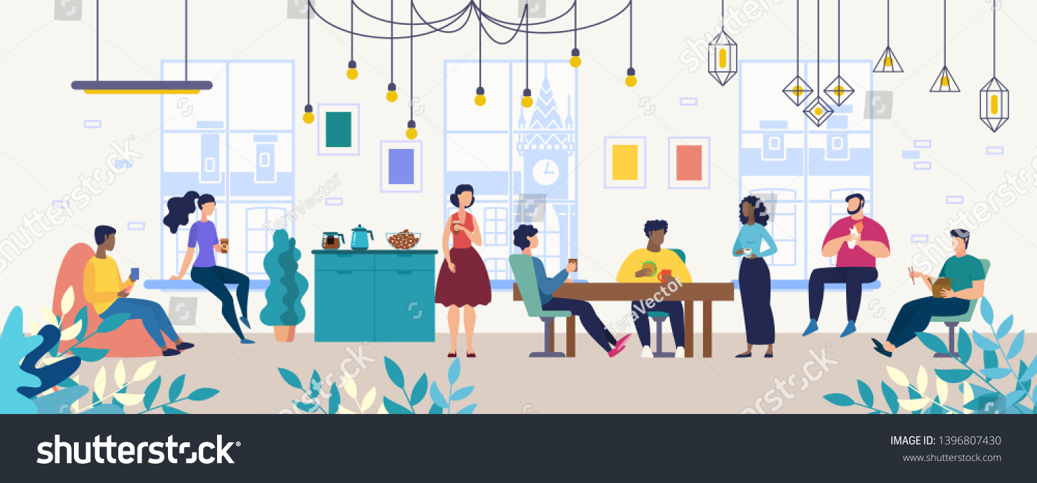 Lunch, Coffee Break with Colleagues in Company, Coworking Office Flat Vector Concept. Multinational Employees, Workers Gathering Together for Informal Conversation on Kitchen, Lounge Room Illustration