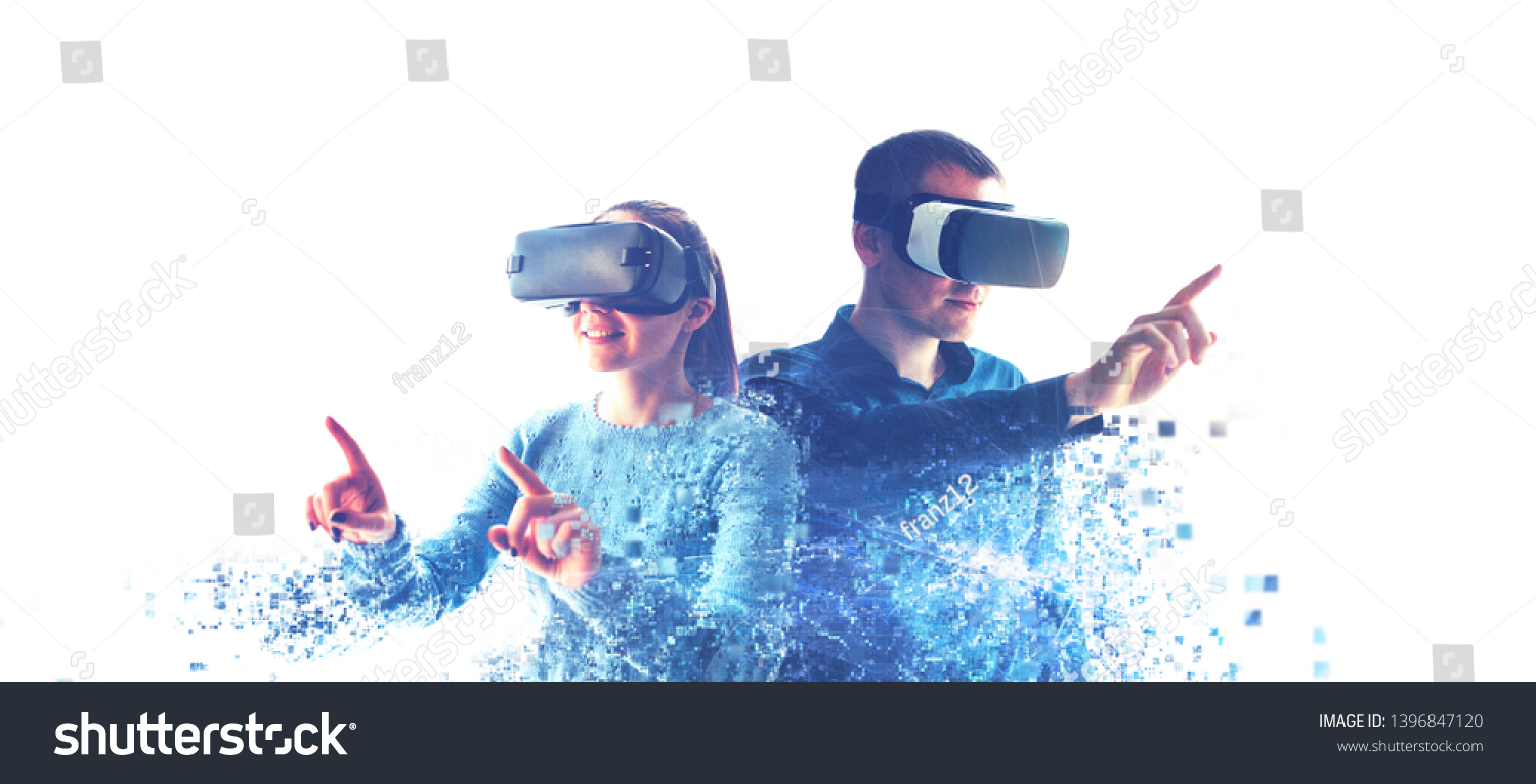 A man and a woman in glasses of virtual reality. The concept of modern technologies and technologies of the future. Fragmented by pixels. VR glasses. #1396847120