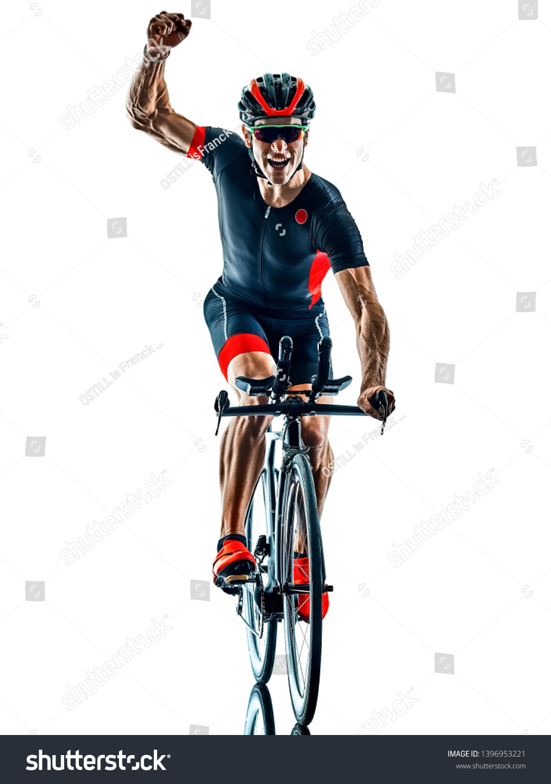 triathlete triathlon Cyclist cycling  in studio silhouette shadow  isolated  on white background #1396953221