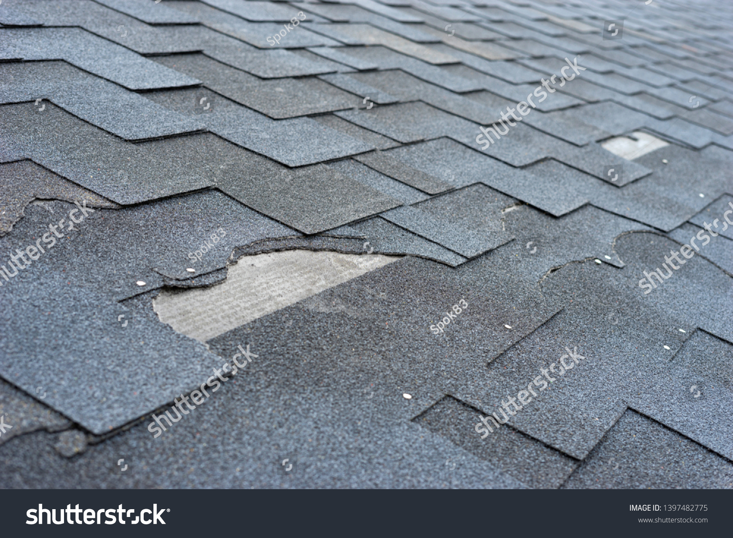 Close up view of asphalt shingles roof damage that needs repair. #1397482775