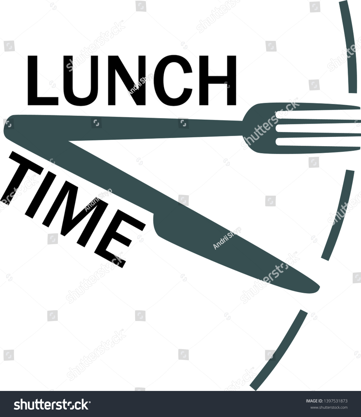 Lunch time, meal text with fork and knife. Isolated icon. Lunch break. Fork knife as clock hands. Flat vector illustration.