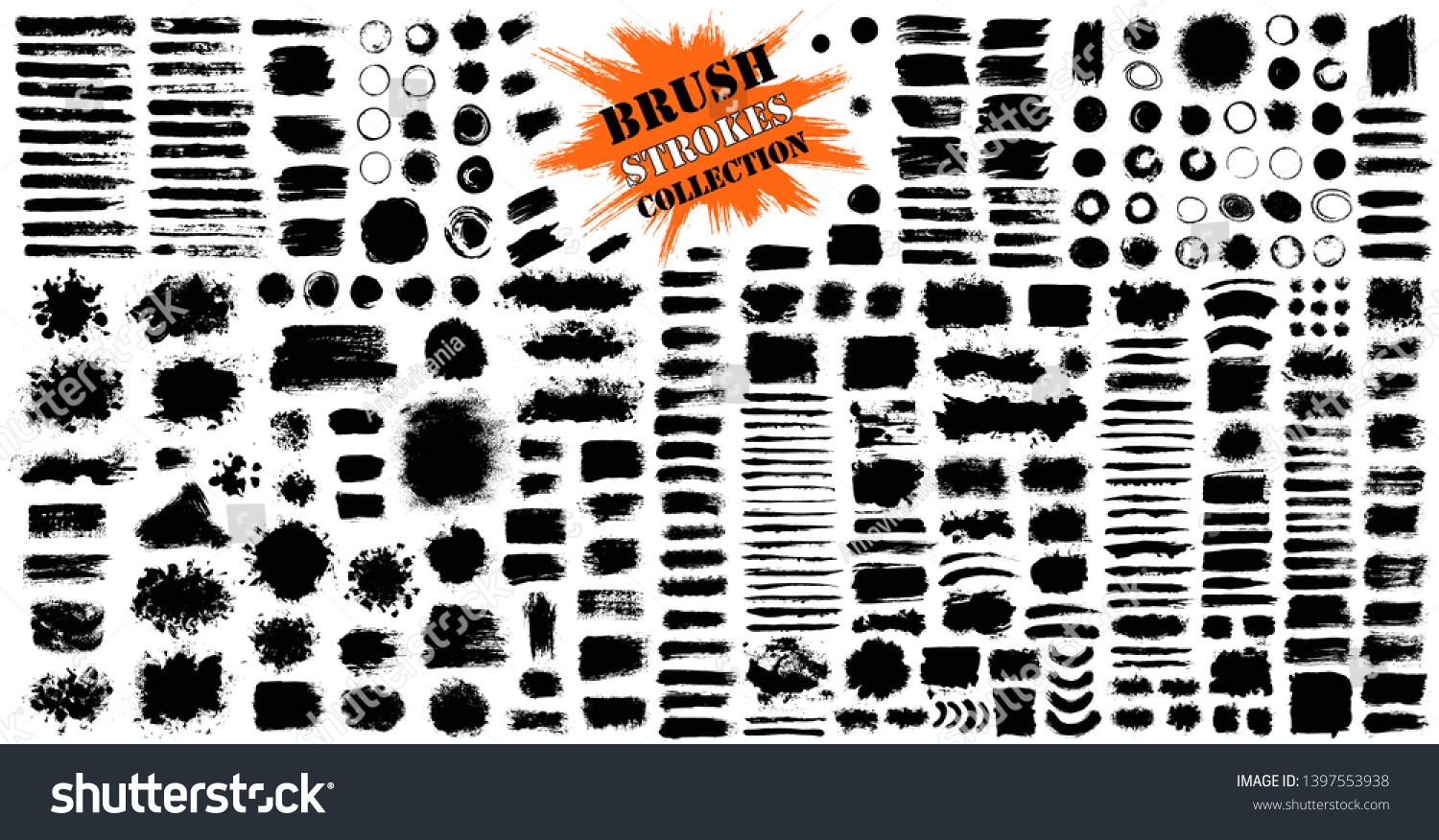 Brush strokes bundle. Vector paintbrush set. Circle frames. Round grunge design elements. Rectangle, square and burst text boxes. Dirty distress texture banners. Ink splatters. Grungy painted lines #1397553938