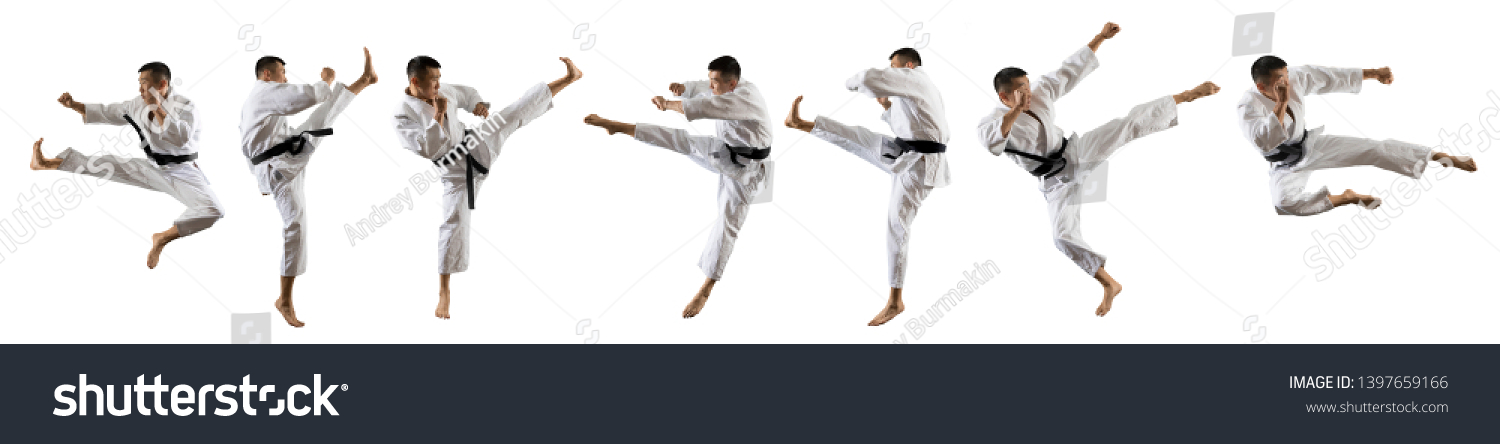 Martial arts masters, karate practice. Isolated on white background #1397659166