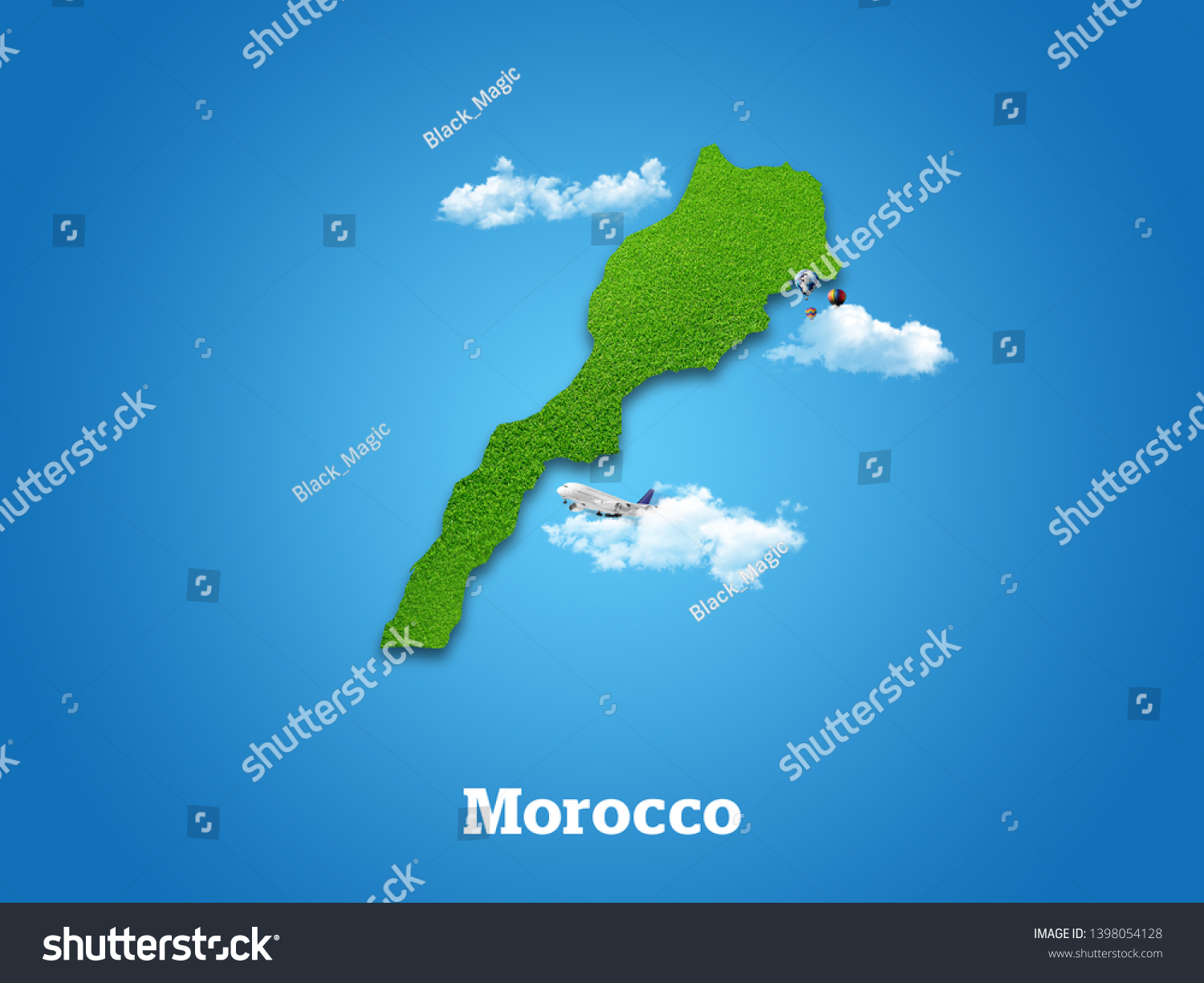 Morocco Map. Green grass, sky and cloudy concept. #1398054128