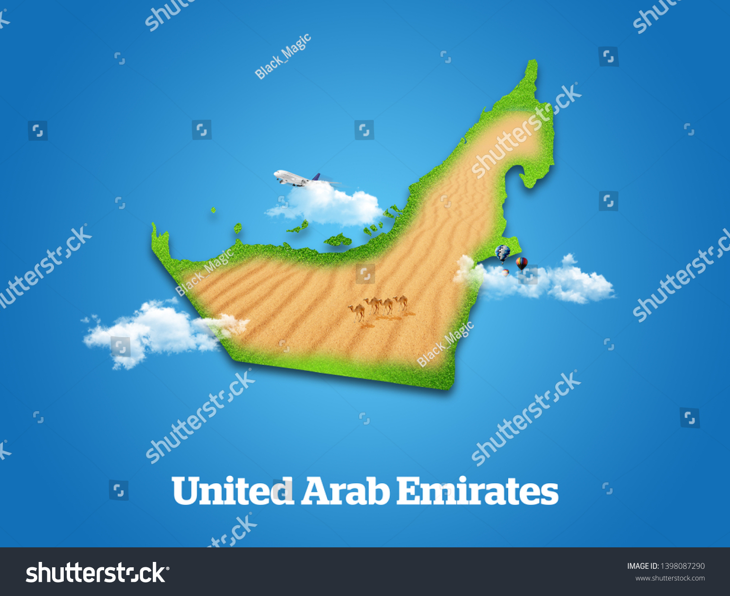 United Arab Emirates Map. UAE Green grass, sky and cloudy concept. #1398087290
