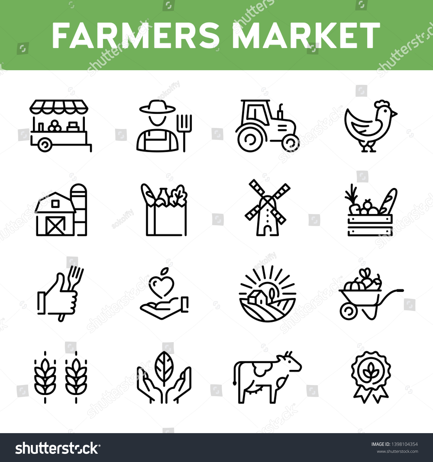 Vector farmers market icon set. Modern agriculture logo symbol collection. Organic farming pictogram illustration in line style. Eco, bio, natural signs for local food shop, healthy fresh products #1398104354