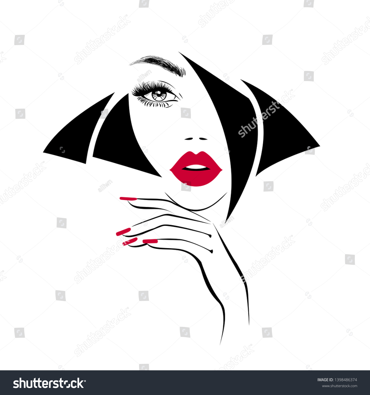 Beautiful Sexy Face Red Lips Hand With Red Royalty Free Stock Vector 1398486374