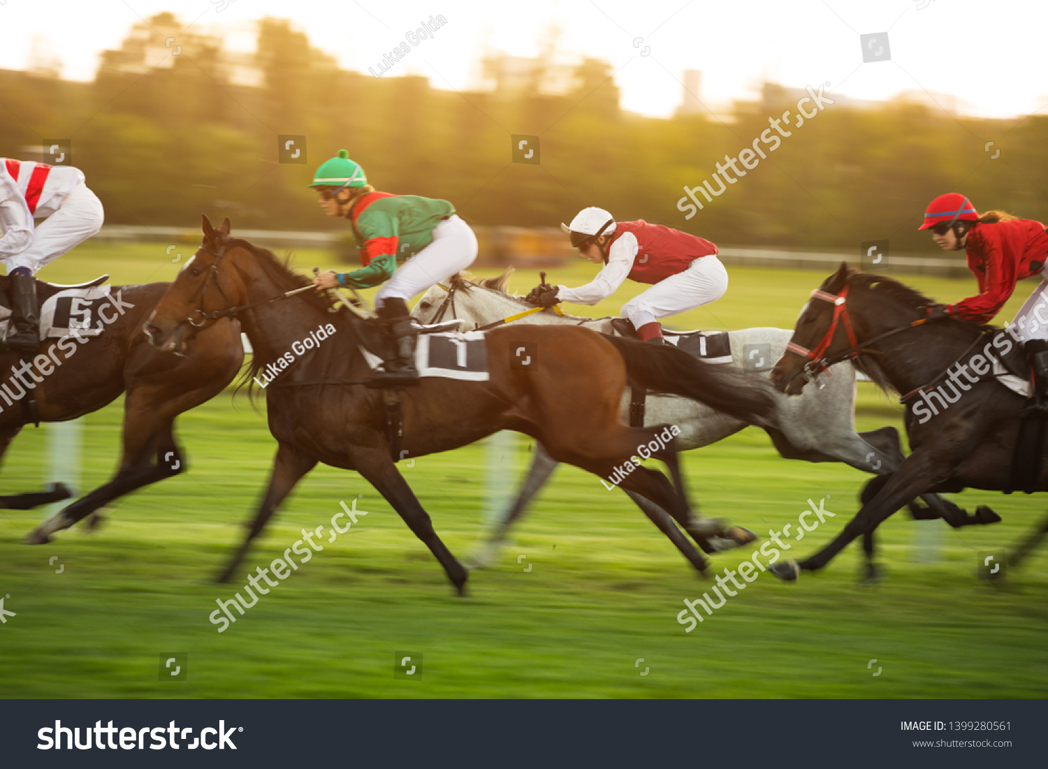 Race horses with jockeys on the home straight. Shaving effect. #1399280561