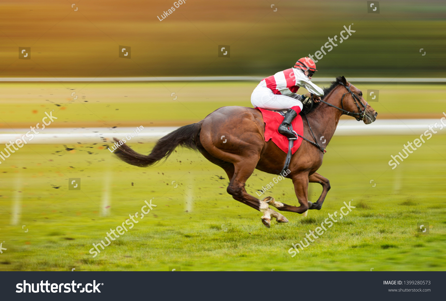 Race horse with jockey on the home straight. Shaving effect. #1399280573