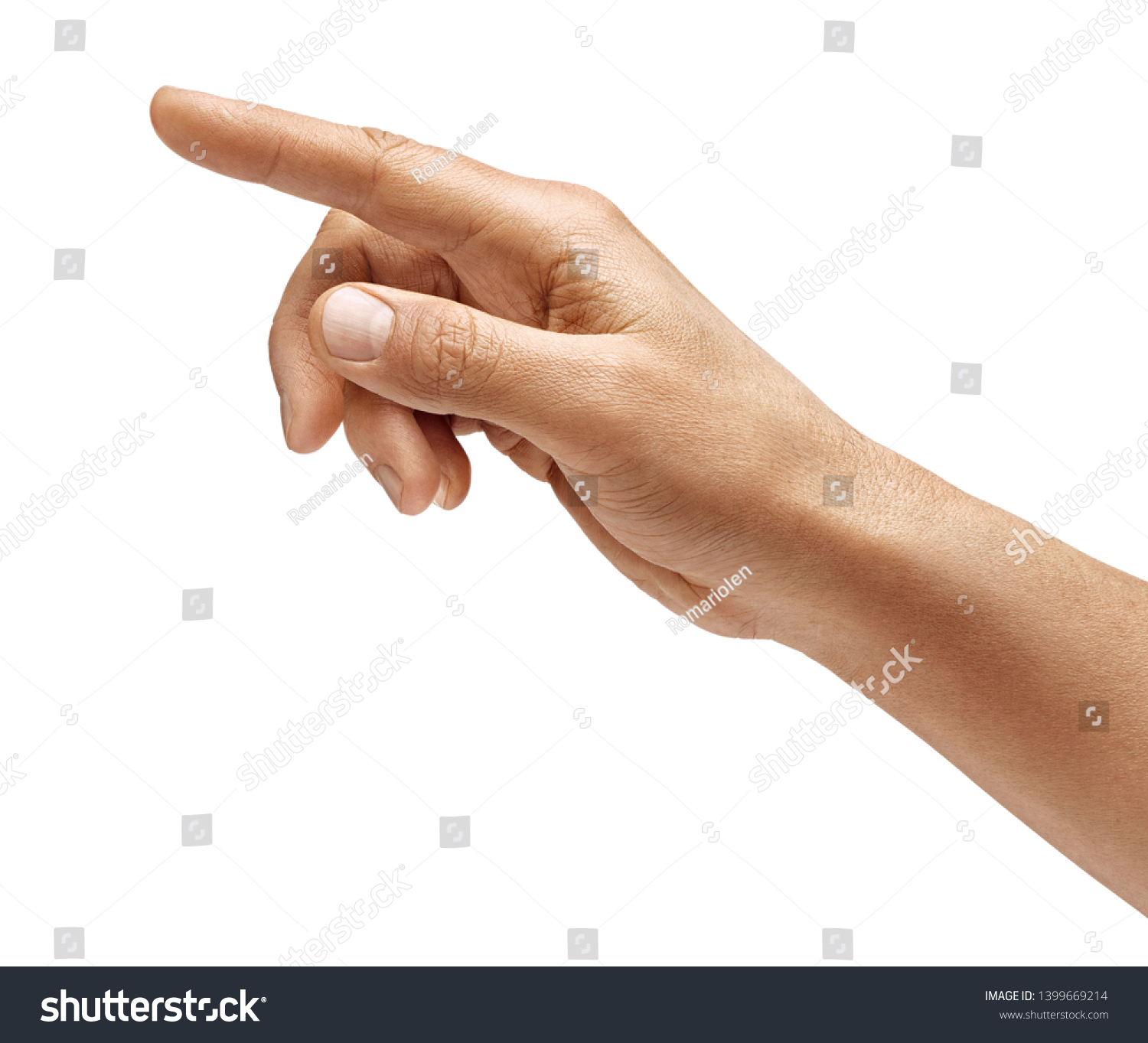 Man's hand touching or pointing to something isolated on white background. Close up. High resolution. #1399669214