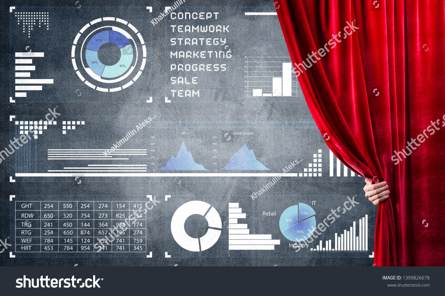 Hand opening red curtain and drawing business graphs and diagrams behind it #1399826678