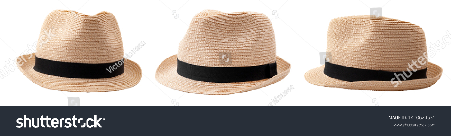 Summer and beach fashion, personal accessories and holiday head wear concept theme with multiple straw hats or fedoras with a black strap or ribbon isolated on white background with a clip path cutout #1400624531