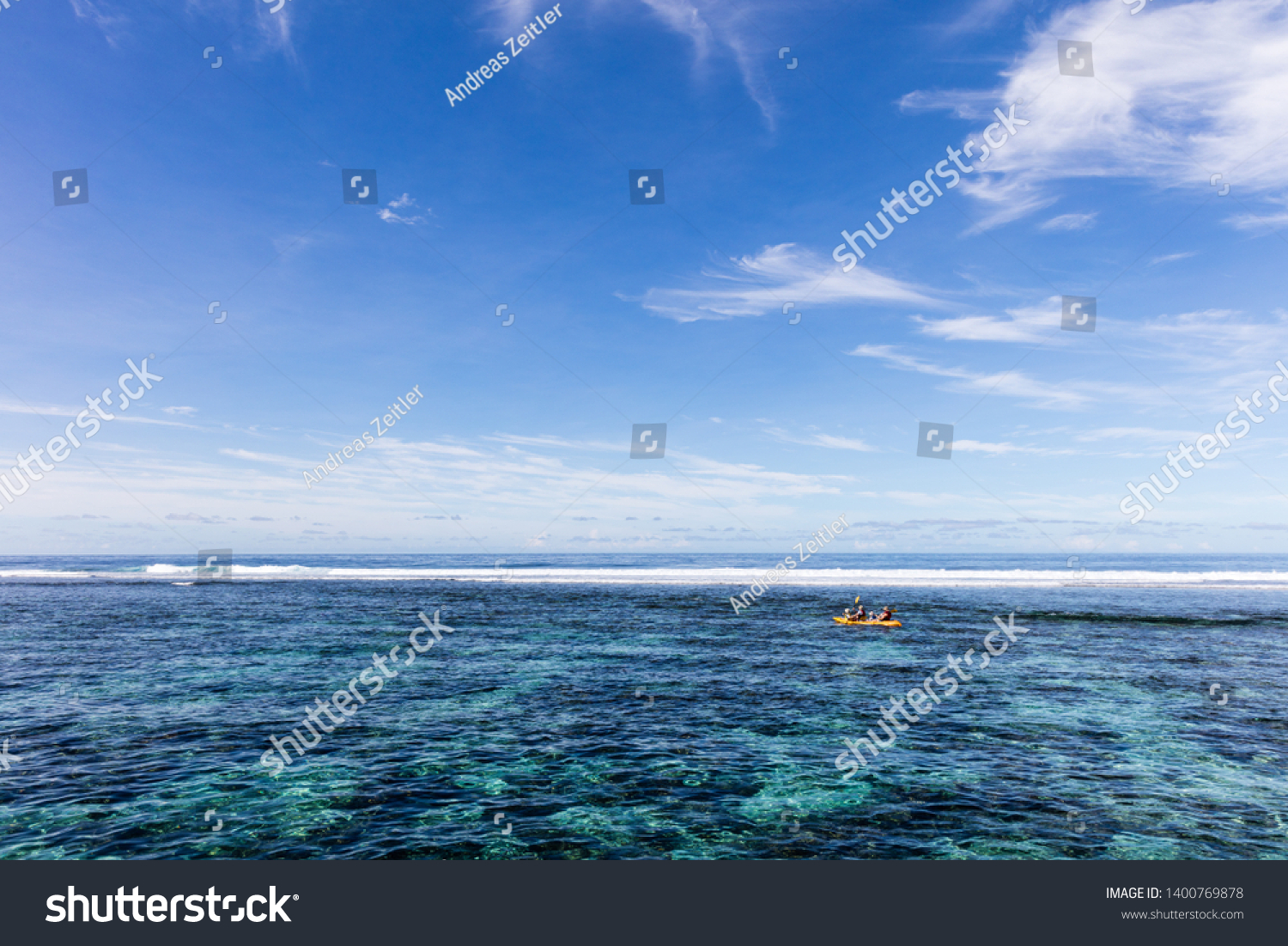 Family doing watersport kayak in clear pacific ocean water in the reef on a tropical island, Samoa, Polynesia. #1400769878