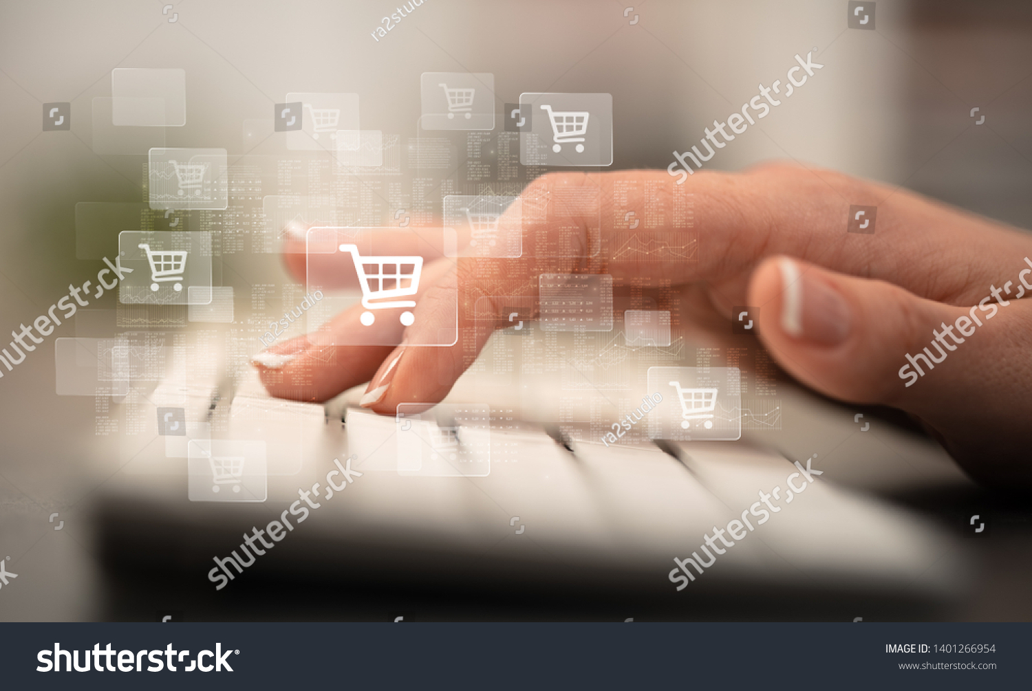 Business woman hand typing on keyboard with online shopping concept #1401266954
