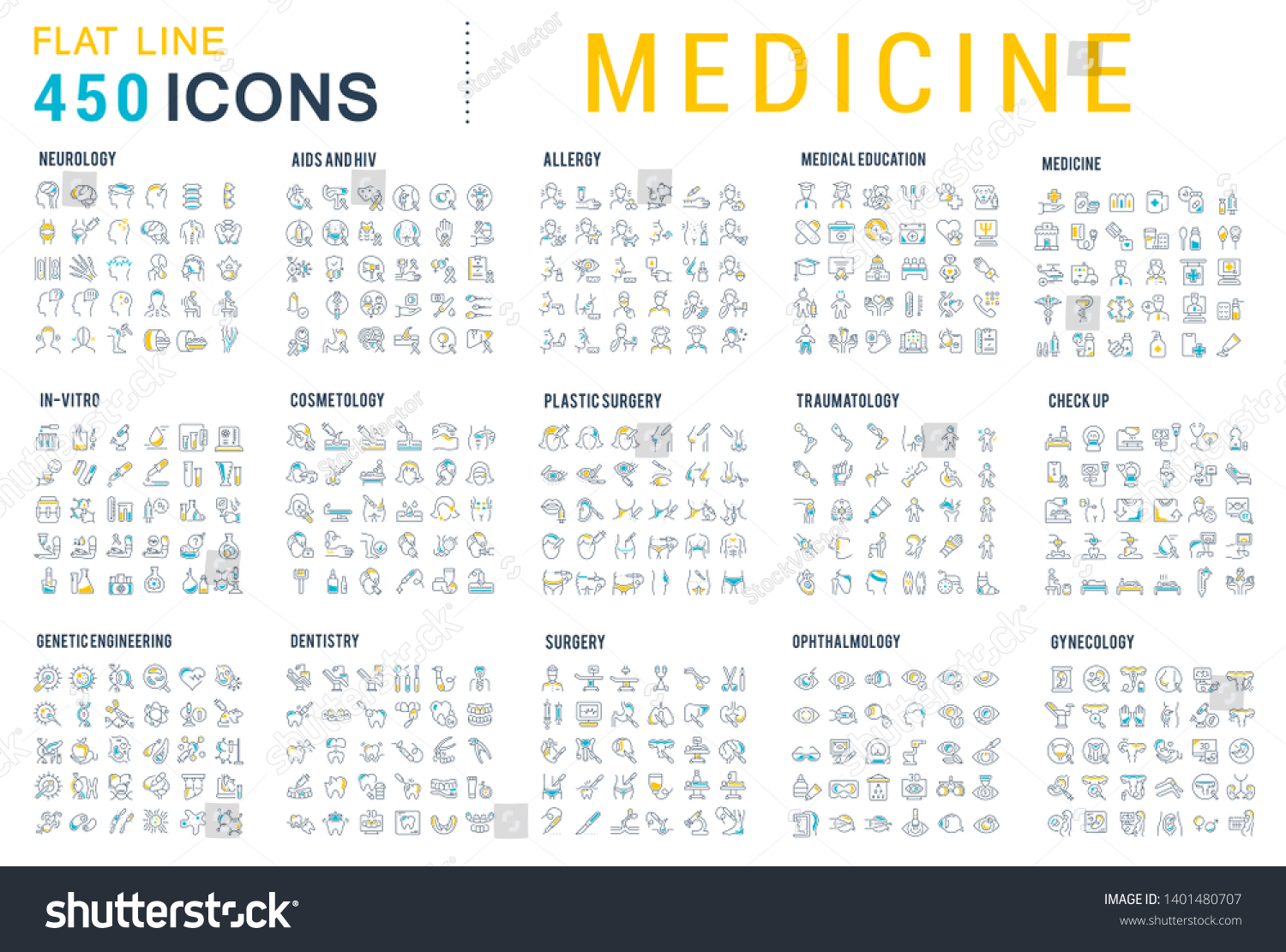 Collection of line icons of medicine. Surgery, dentistry, invitro, aids, cancer, check up, orthodontics, biology, vet, clinic, education. Set of flat signs and symbols for web and apps. #1401480707