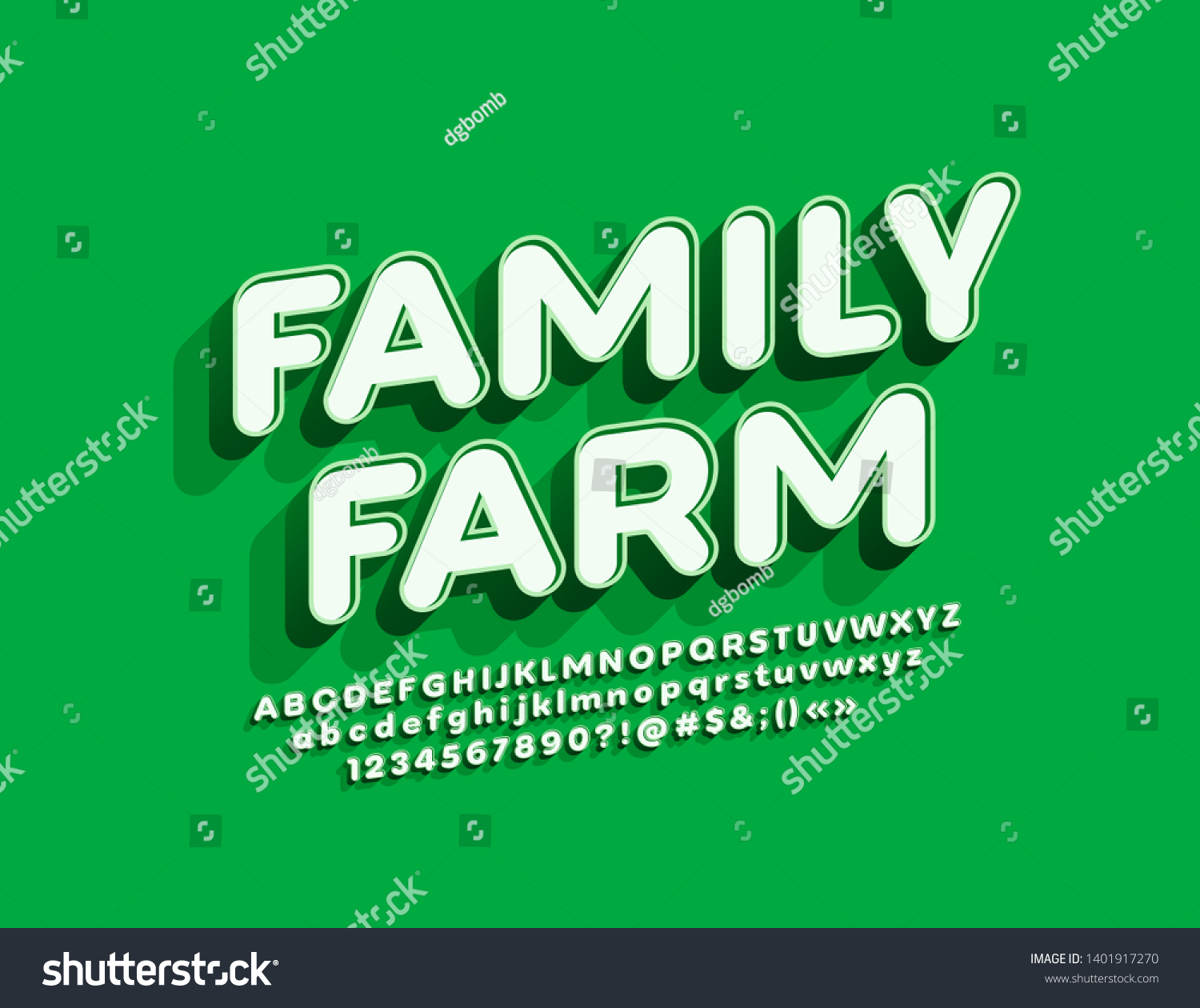 Vector bright Sign Family Farm. White and Green Alphabet Letters and Numbers. 3D creative Font #1401917270