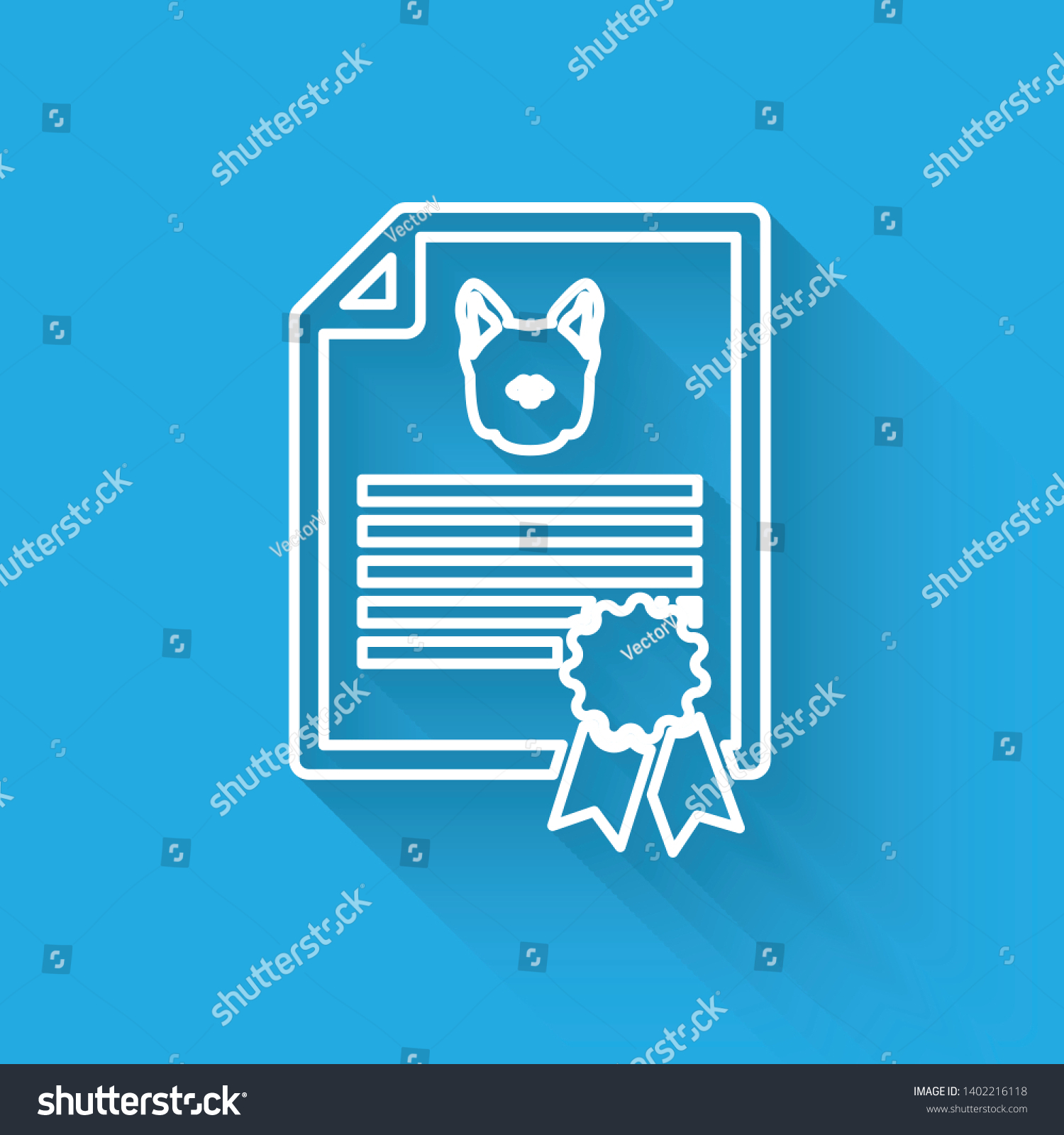 White Medical certificate for travel with dog or cat line icon isolated with long shadow. Document for pet. Dog or cat paw print. Vector Illustration #1402216118