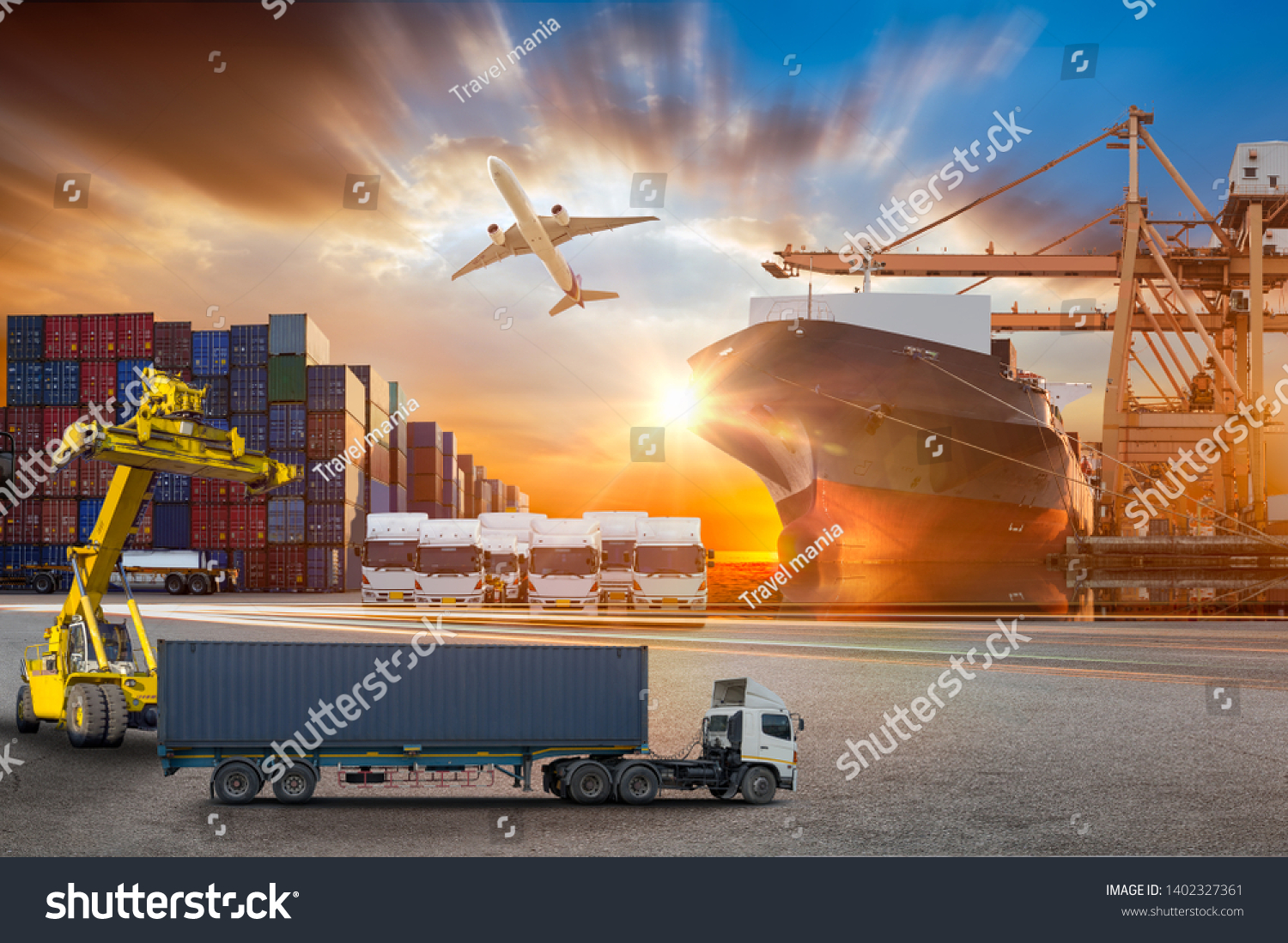 Logistics and transportation of Container Cargo ship and Cargo plane with working crane bridge in shipyard at sunrise, logistic import export and transport industry background #1402327361