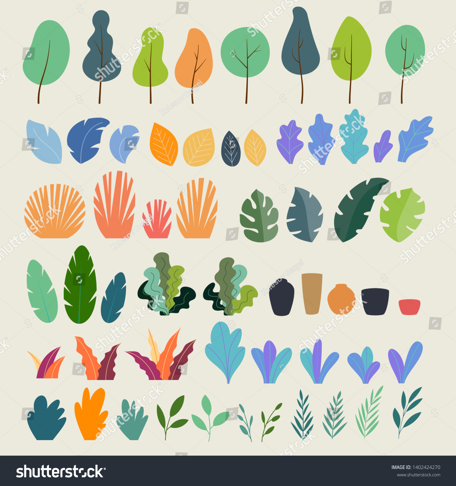 Vector set of flat illustrations of plants, trees, leaves, branches, bushes and pots. Flat cartoon vector illustration #1402424270