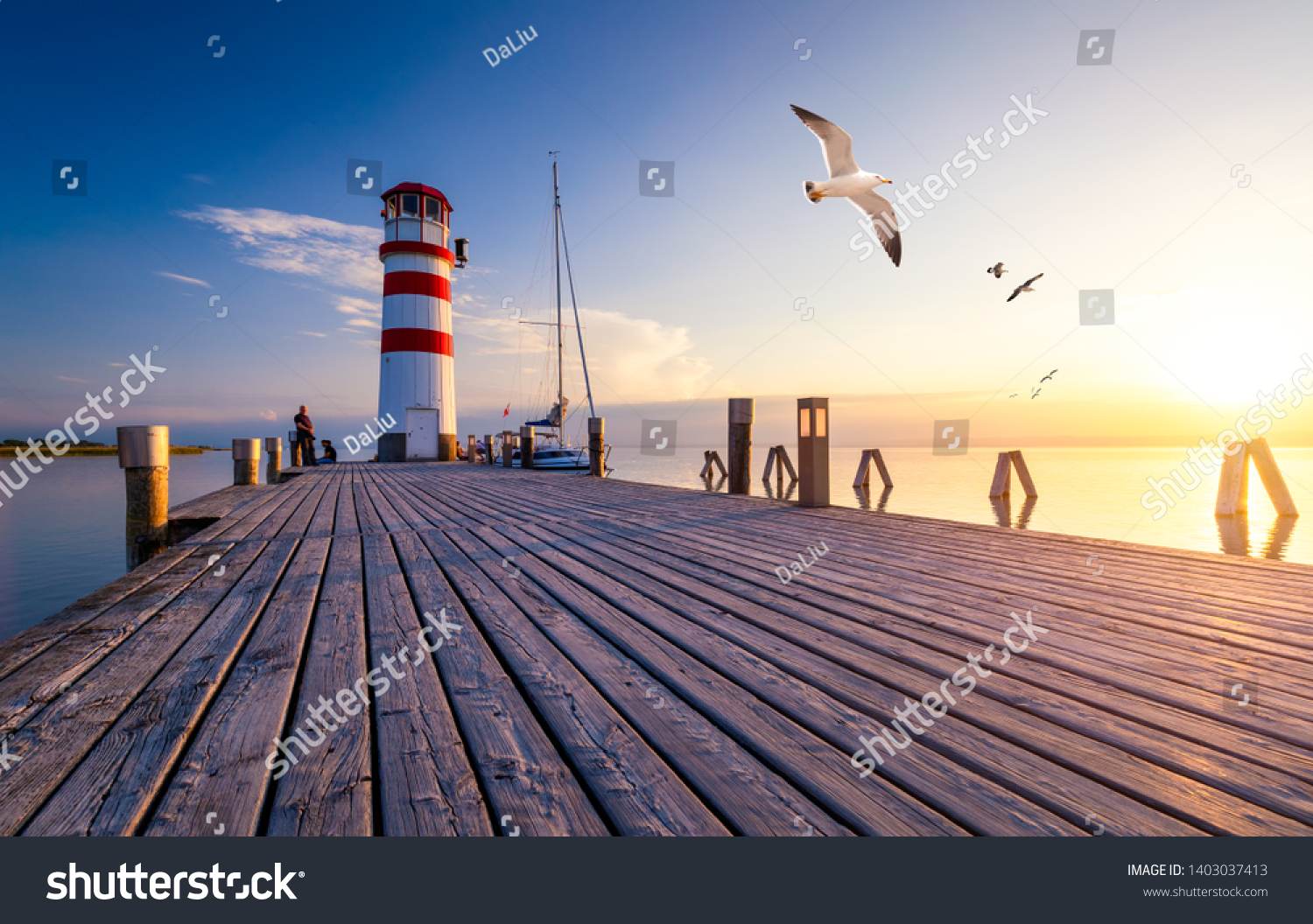 Lighthouse at Lake Neusiedl at sunset near Podersdorf with sea gulls flying around the lighthouse. Burgenland, Austria #1403037413