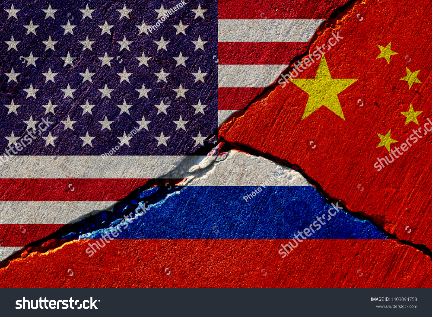 concrete wall with painted united states, china and russia flags #1403094758
