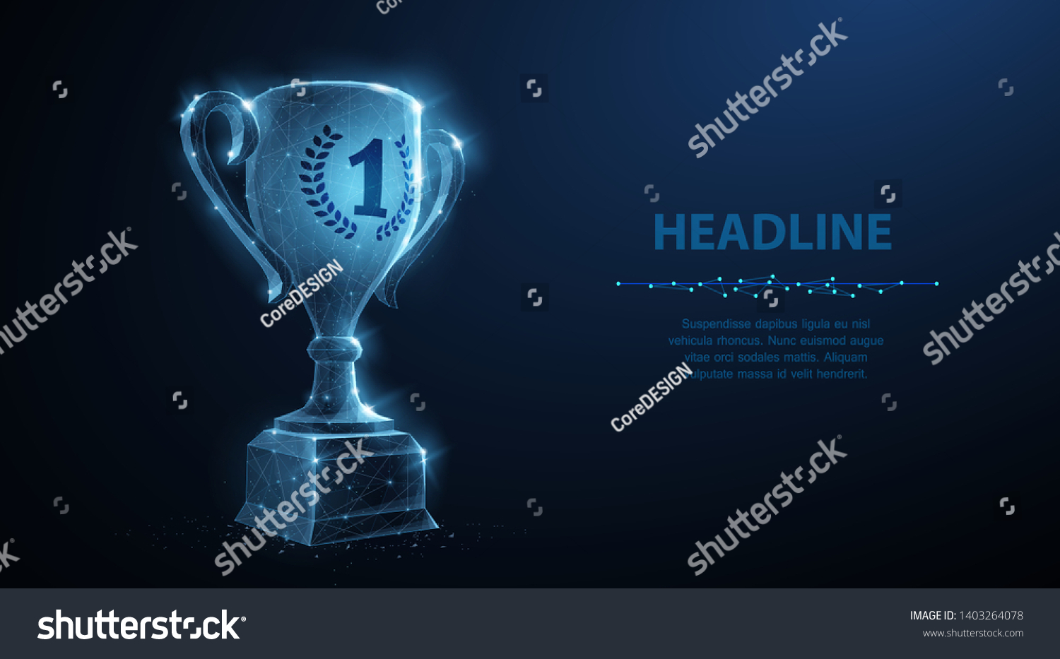 Trophy cup. Abstract vector 3d trophy wreath laurel isolated background. Champions award, sport victory, winner prize concept. Competition success, first place, best win symbol. Top one number #1403264078
