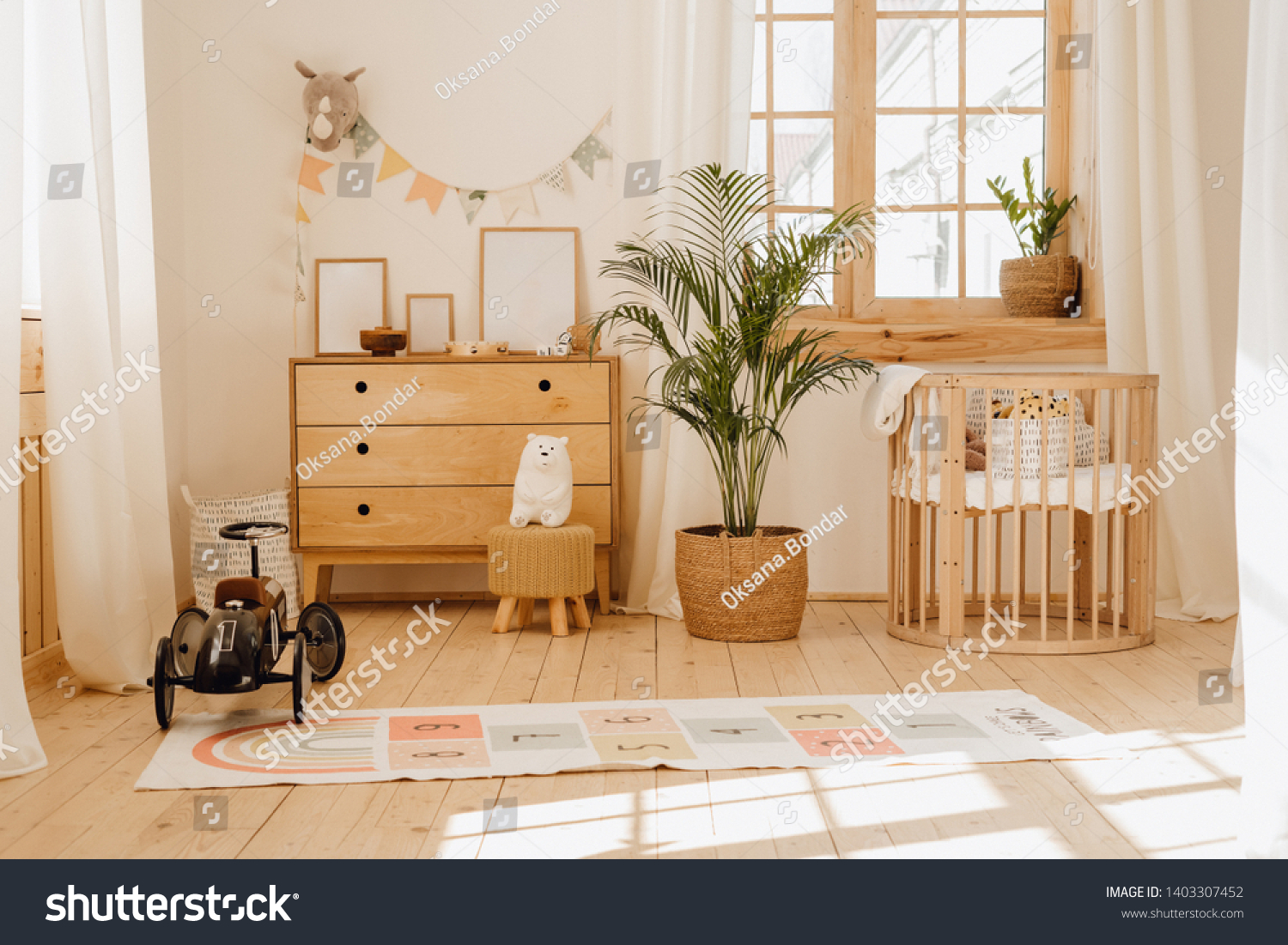 Chalet Baby Bedroom Interior with Cozy Cradle Bed. Light Brown Childish Room with Wooden Empty Cot. Cosy Home Hygge Style Design. Beautiful Child Toy in Large Cottage Background. Modern Eco House #1403307452
