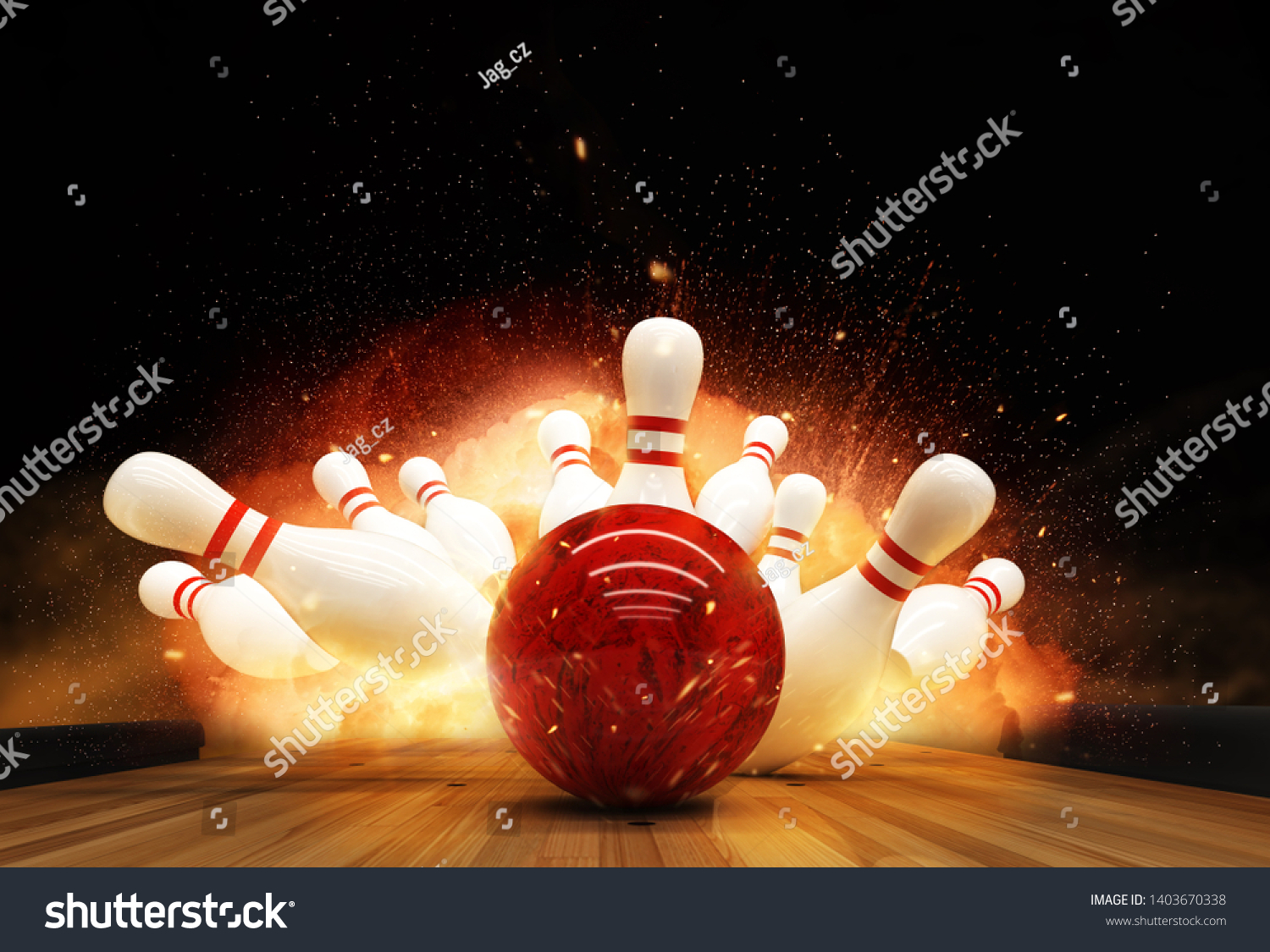 Bowling strike hit with fire explosion. Concept of success and win. #1403670338