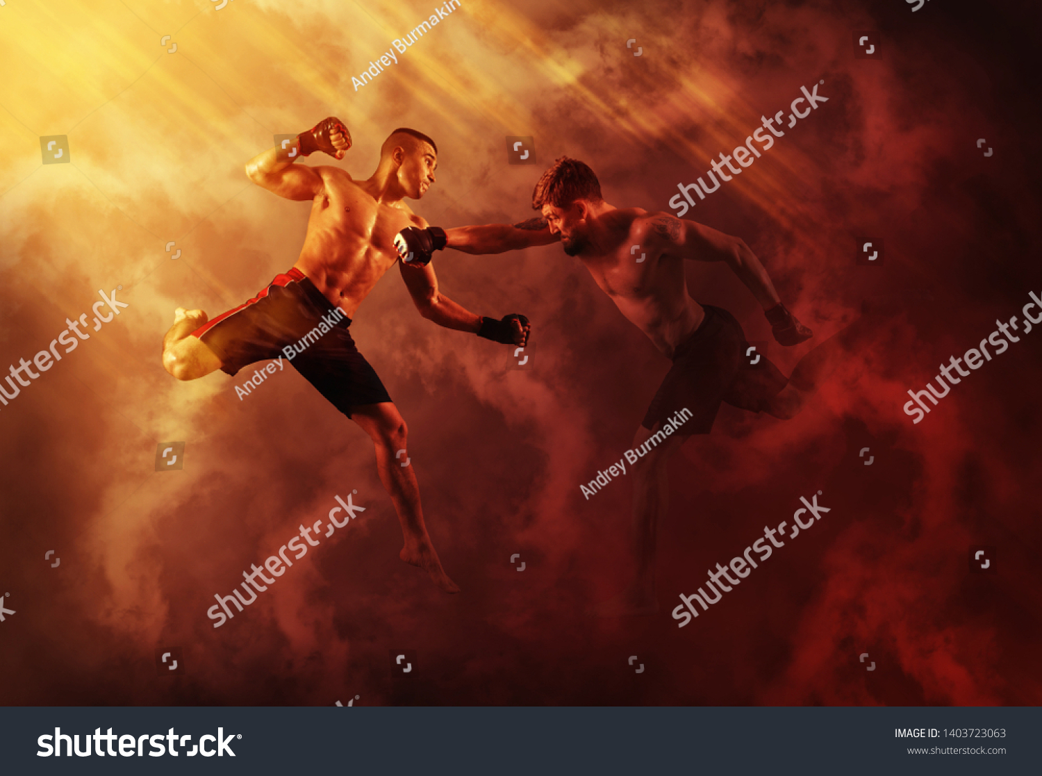 MMA boxers fighters fight in fights without rules.  Red smoke background  #1403723063