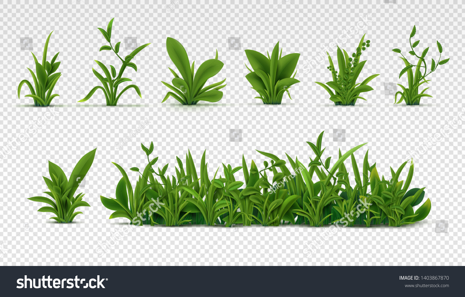 Realistic green grass. 3D fresh spring plants, different herbs and bushes for posters and advertisement. Vector set isolated objects on white #1403867870