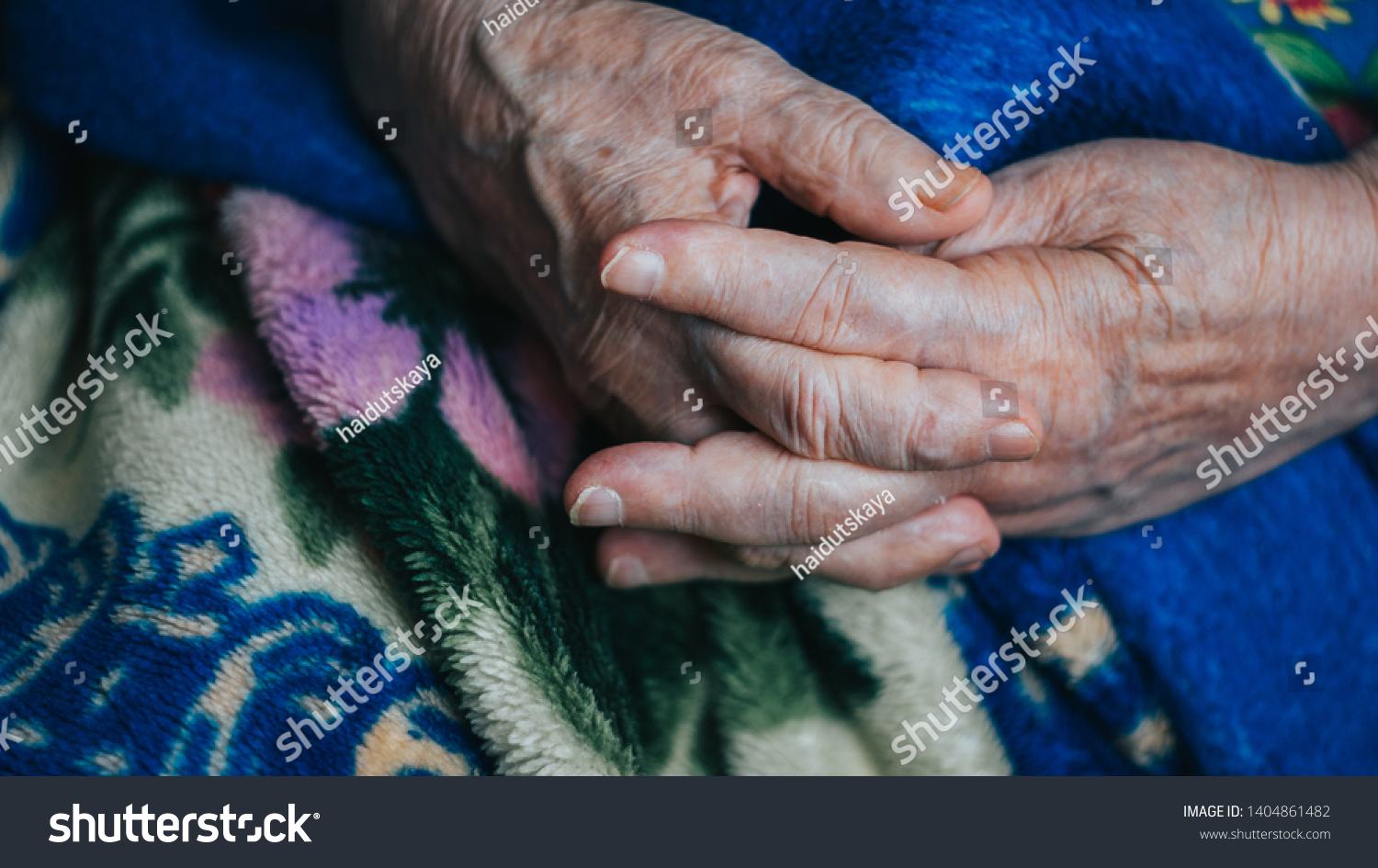 aged textured hands, arms of elderly lady. wrinkled skin of aged person. aging process. #1404861482