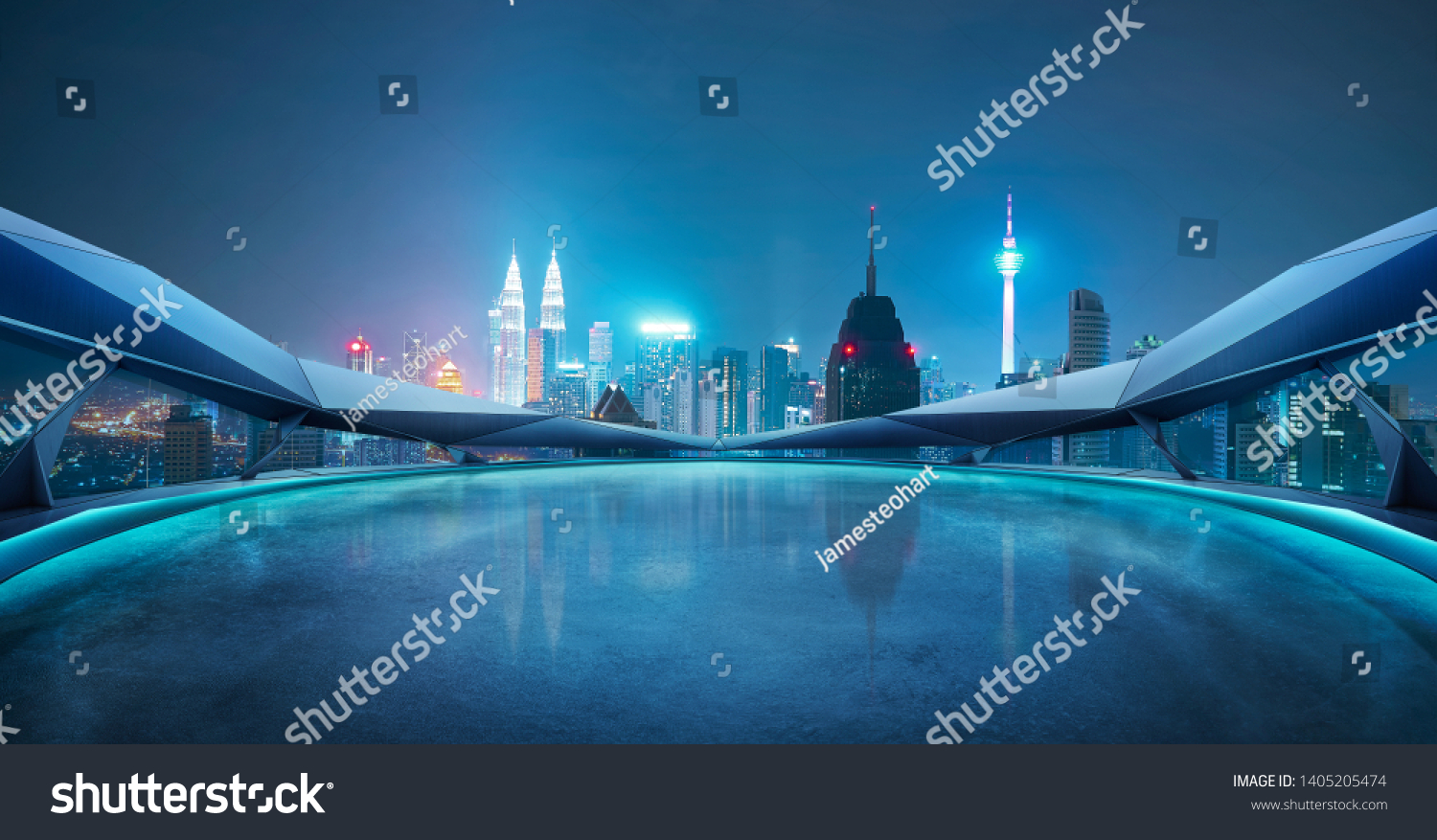 Panoramic view of futuristic geometric shapes design empty floor with Kuala Lumpur city skyline . Night scene . #1405205474