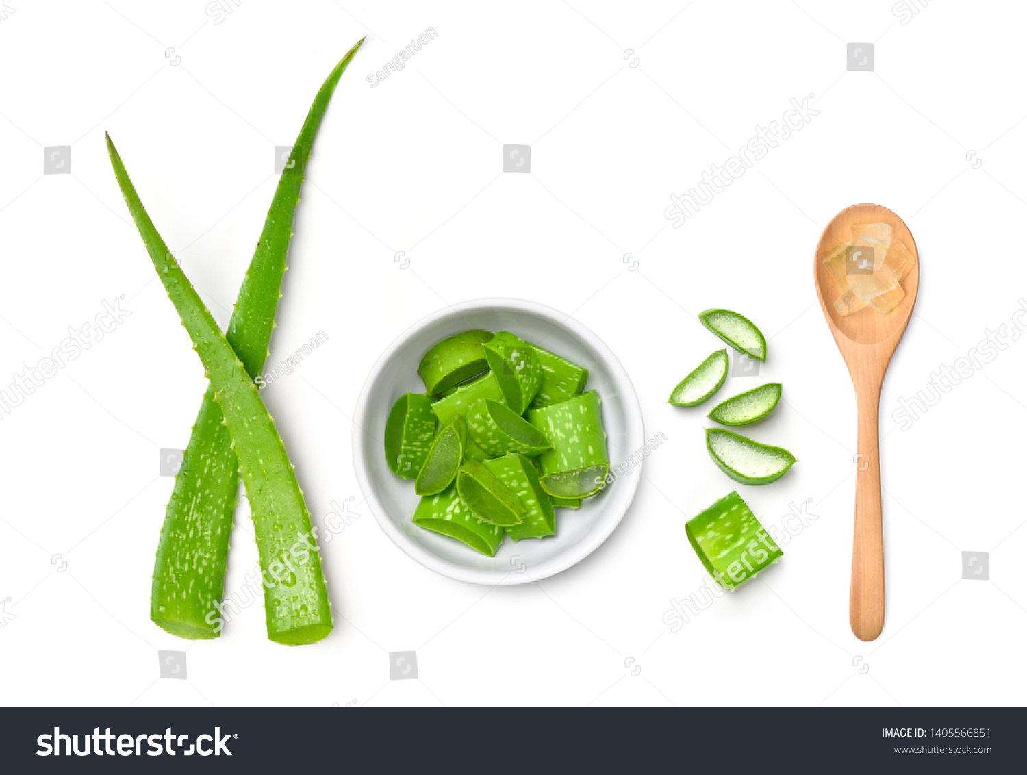 Top view of Fresh Aloe vera leaves and sliced in white bowl with gel in wooden spoon isolated on white background. #1405566851
