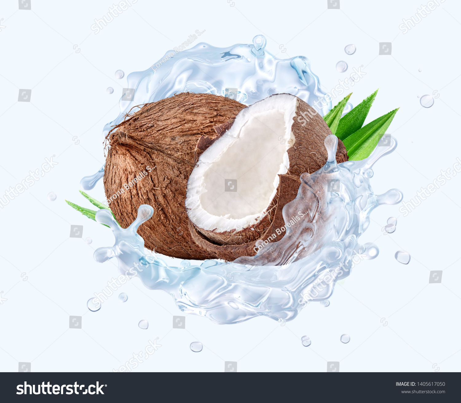 Fresh cold pure coconut water with coconut and waves splash. Coconut water or cocktail 3D wave swirls design elements. Healthy flavored detox drink splash banner with coconut water. Clipping path #1405617050